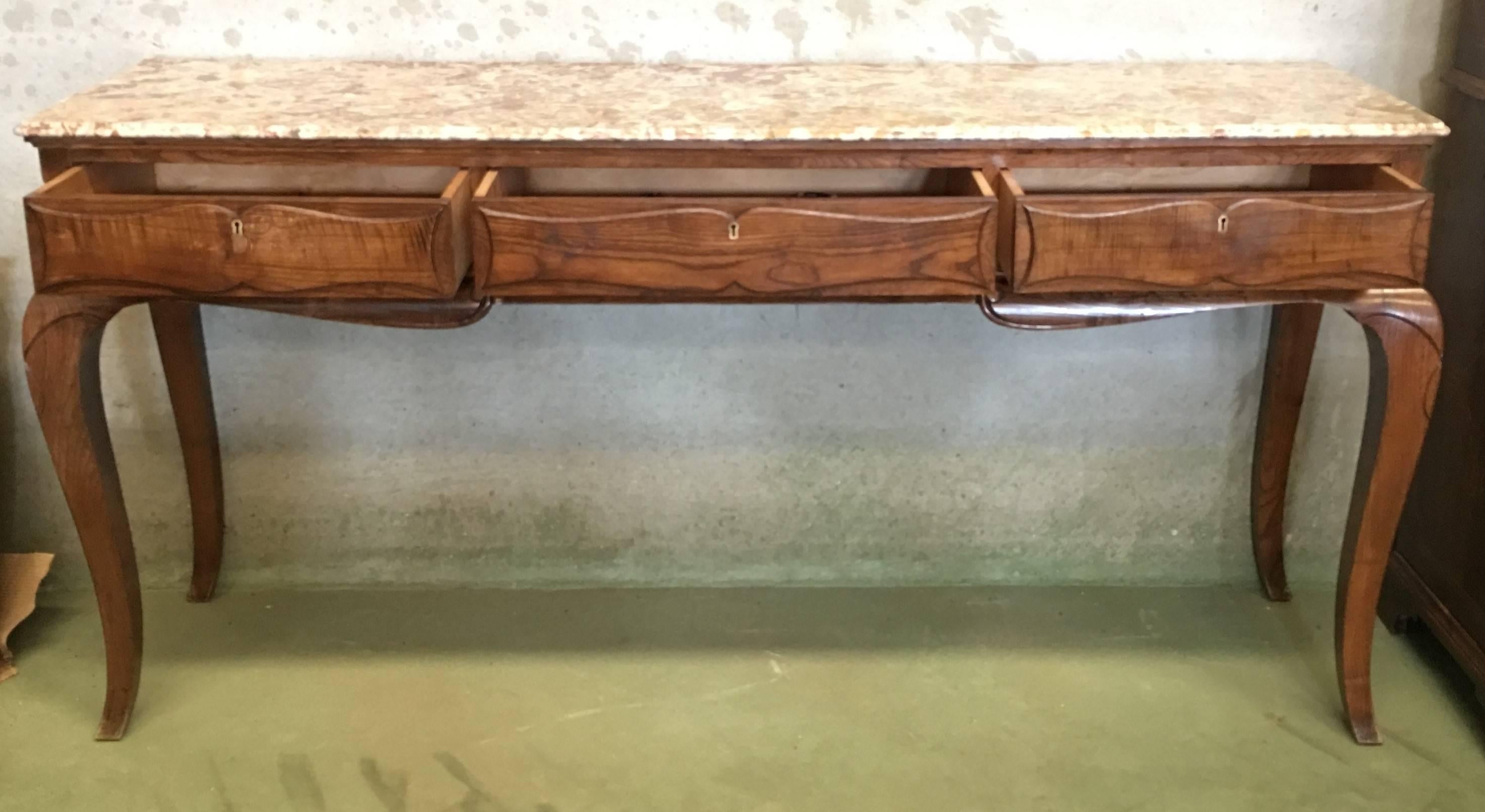 Marble 19th Century Spanish Colonial Three Drawers Console Table