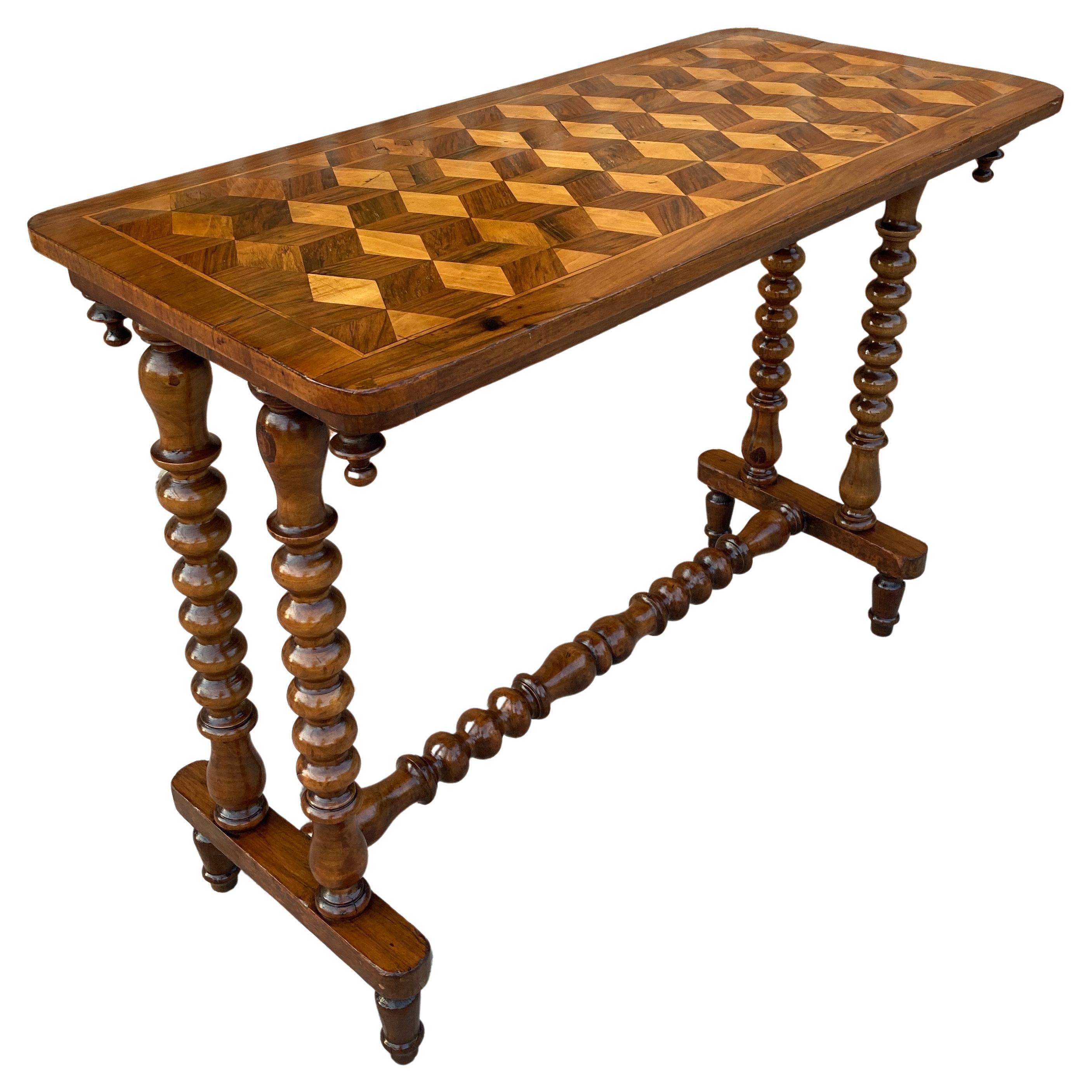 19th Century Spanish Console Table with Parquetry Top and Turned Legs
