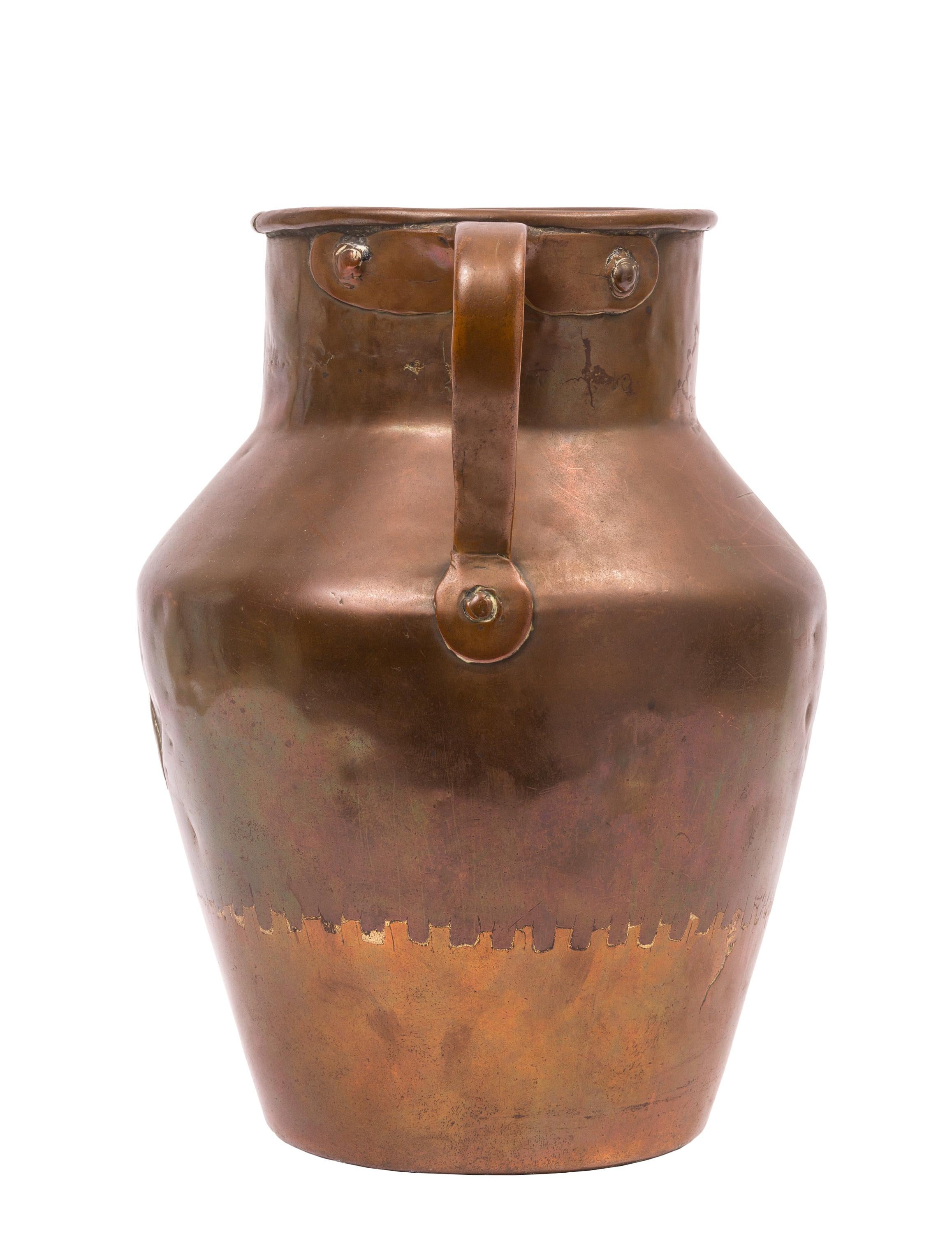Rustic 19th Century Spanish Copper Container with Two Handles and Cross Mark For Sale