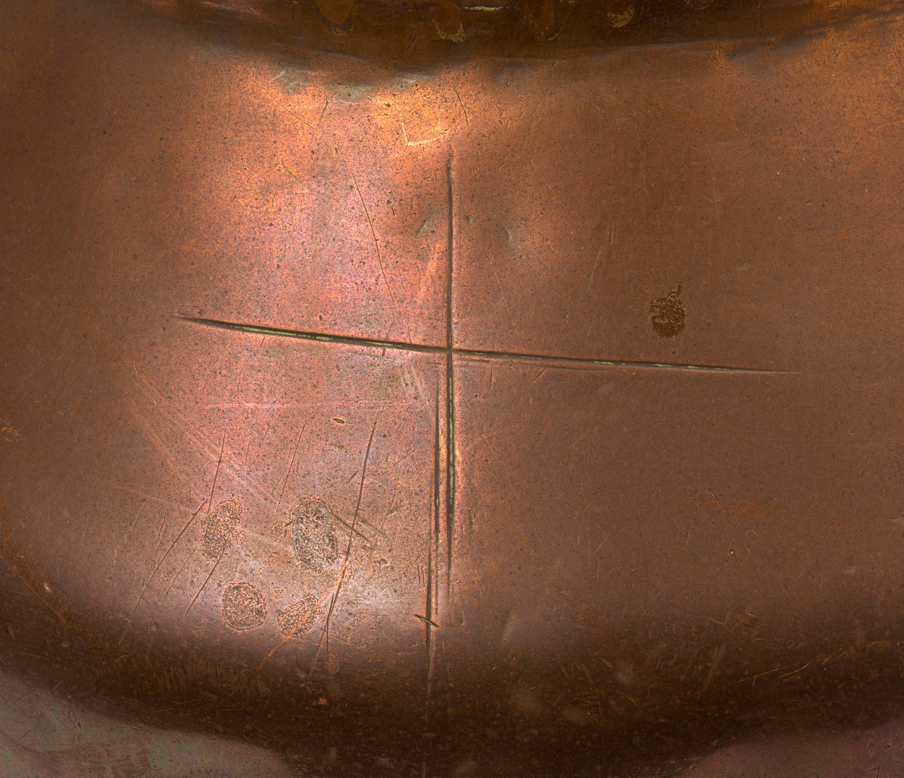 Hand-Crafted 19th Century Spanish Copper Container with Two Handles and Cross Mark For Sale