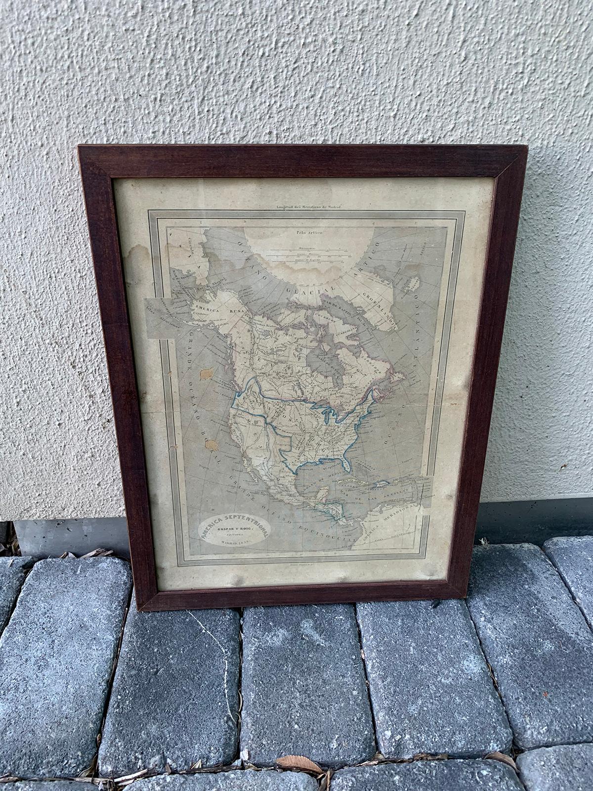 Framed 19th century Spanish engraved map of American Septentrioinal (North America) published by Gaspar Y Roig, Madrid, circa 1852.