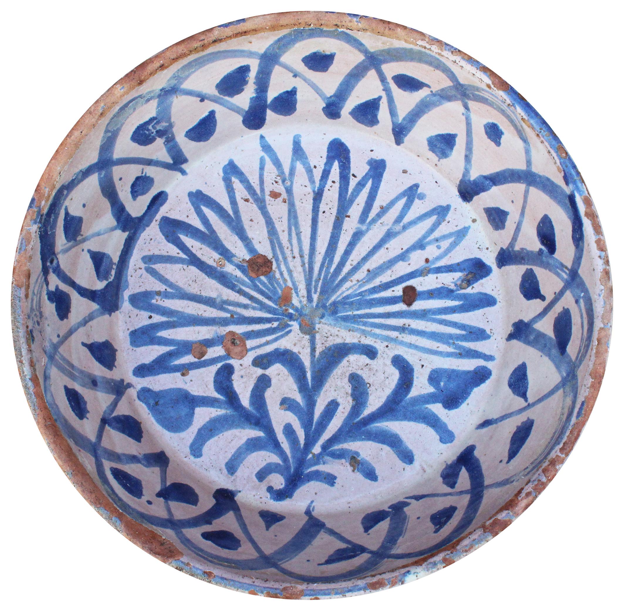 19th Century Spanish Fajalauza White and Blue Glazed Terracotta Plate