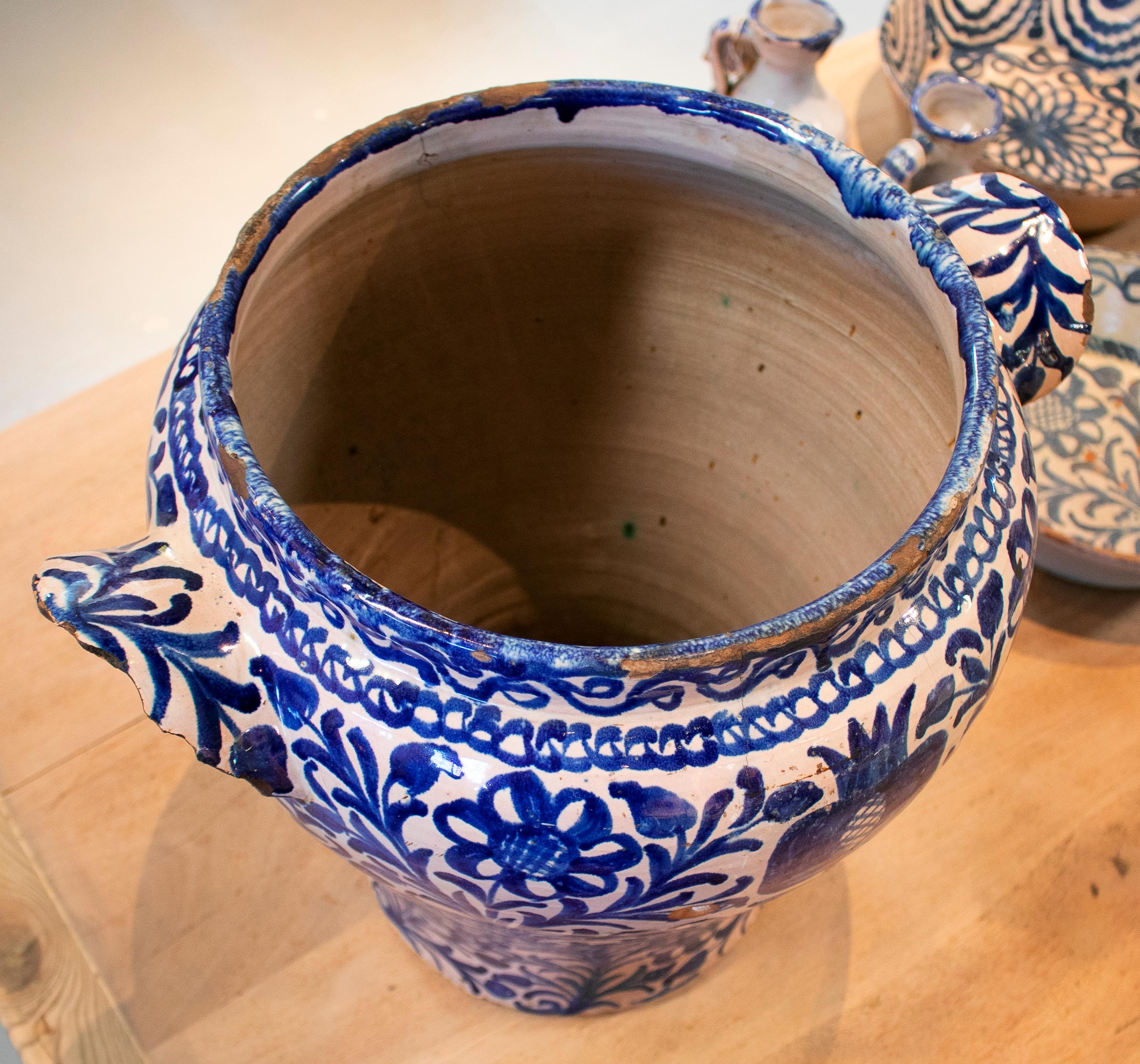 19th Century Spanish Fajalouza Glazed Pottery Vase Decorated with Cobalt Blue 1