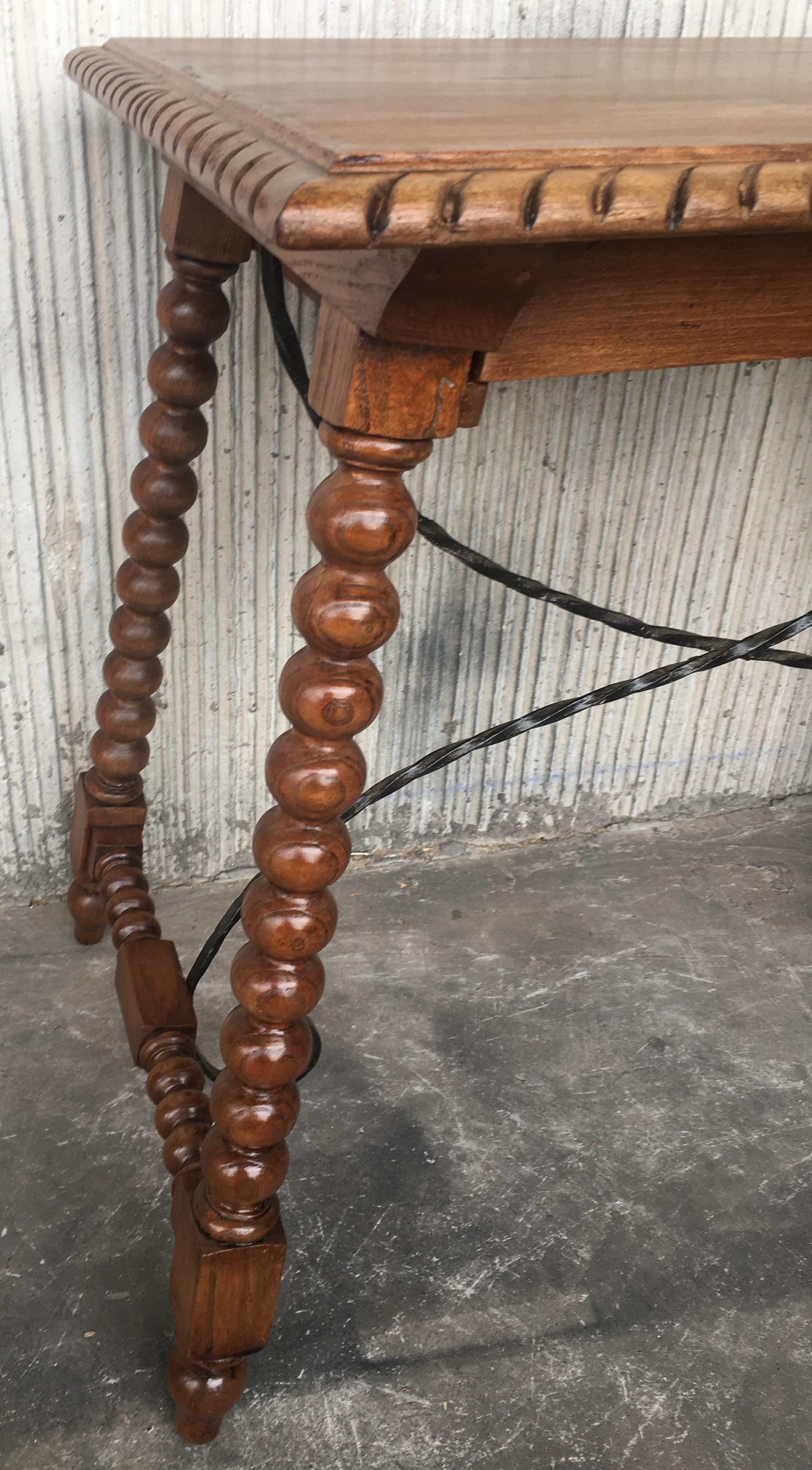 19th Century Spanish Farm Table with Iron Stretchers, Hand Carved Top and Drawer For Sale 6