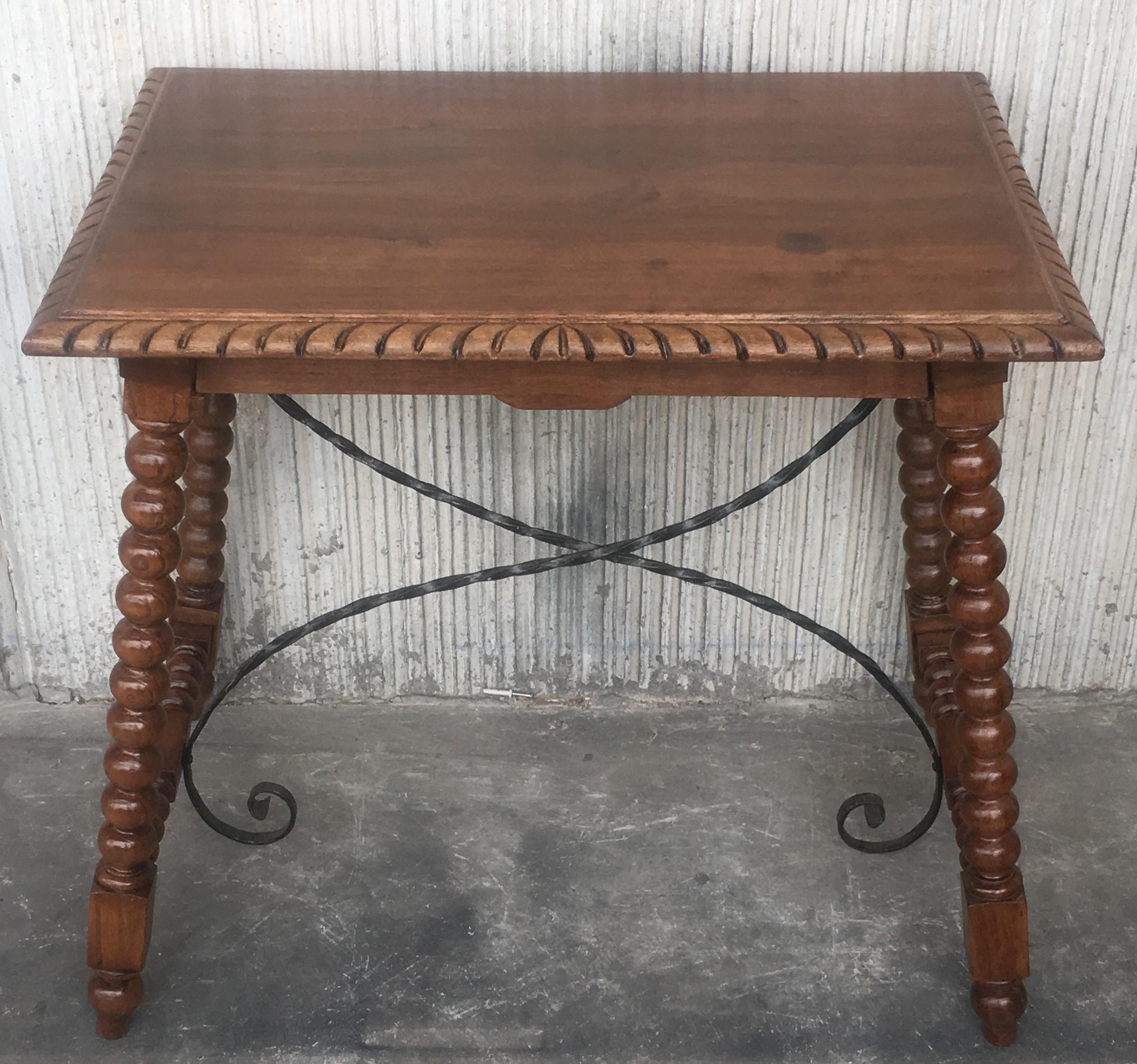 19th Century Spanish Farm Table with Iron Stretchers, Hand Carved Top and Drawer In Excellent Condition For Sale In Miami, FL