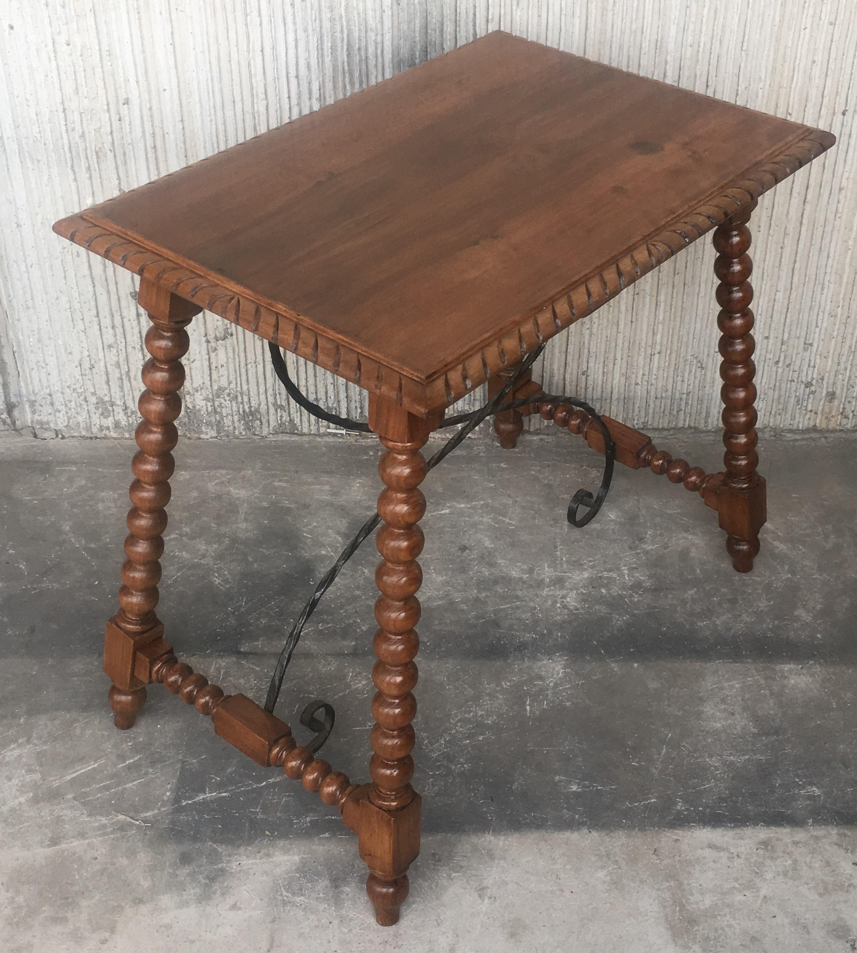 19th Century Spanish Farm Table with Iron Stretchers, Hand Carved Top and Drawer For Sale 1