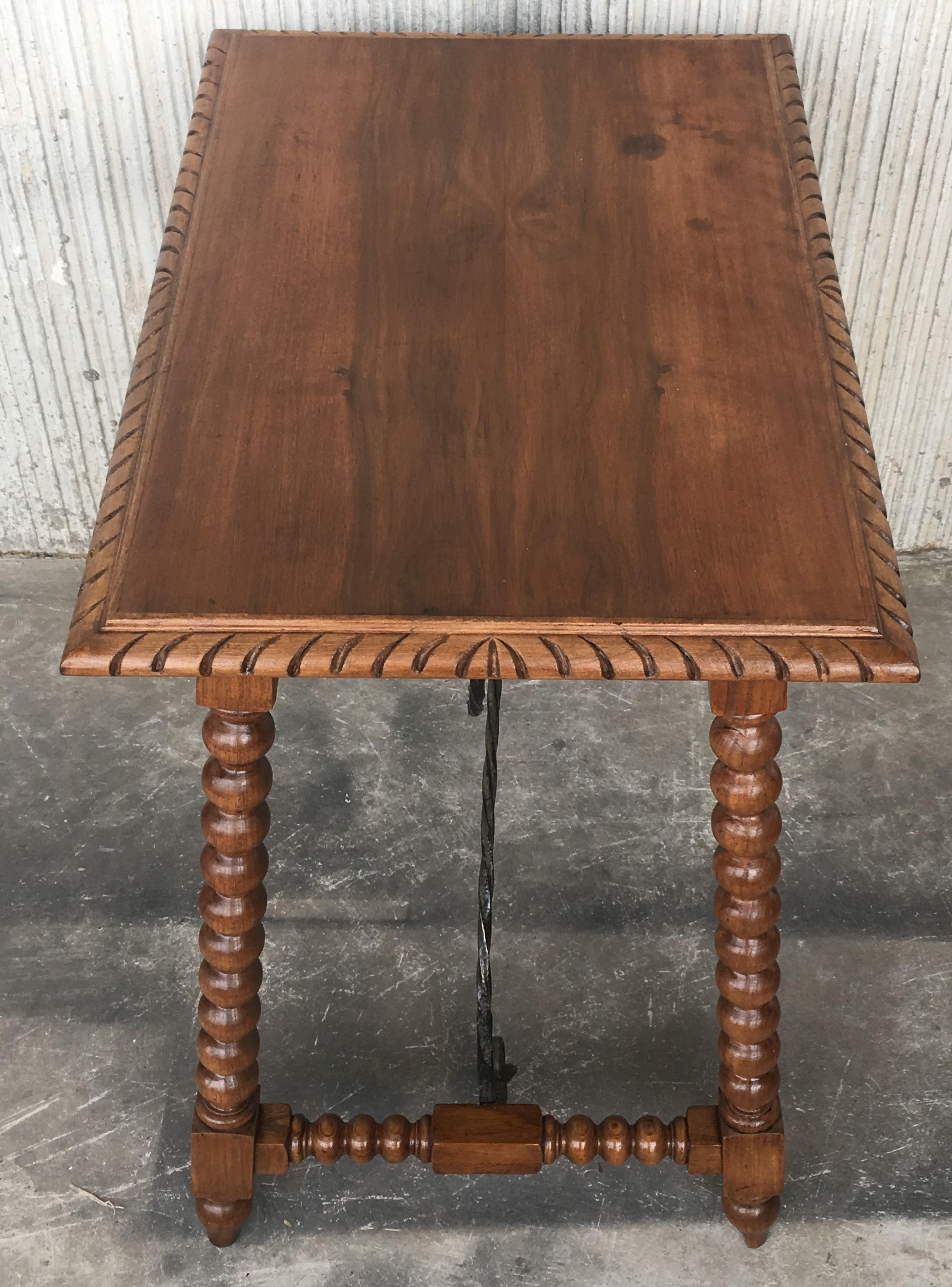 19th Century Spanish Farm Table with Iron Stretchers, Hand Carved Top and Drawer For Sale 2