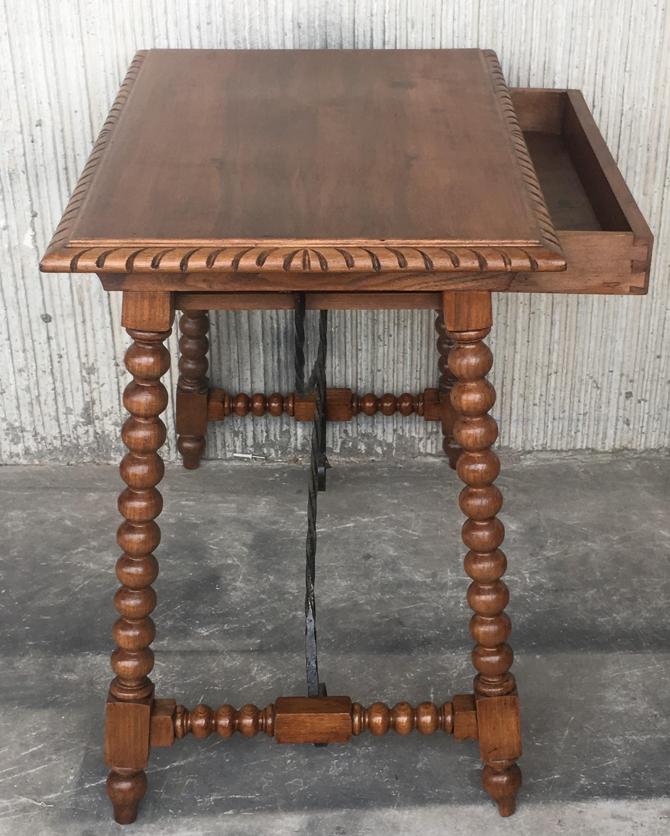 19th Century Spanish Farm Table with Iron Stretchers, Hand Carved Top and Drawer For Sale 3