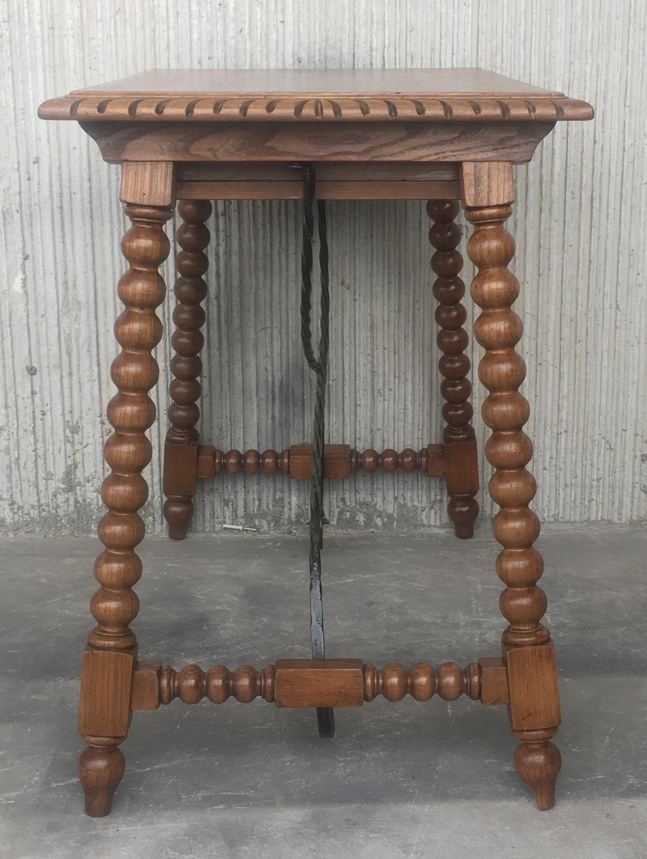 19th Century Spanish Farm Table with Iron Stretchers, Hand Carved Top and Drawer For Sale 4