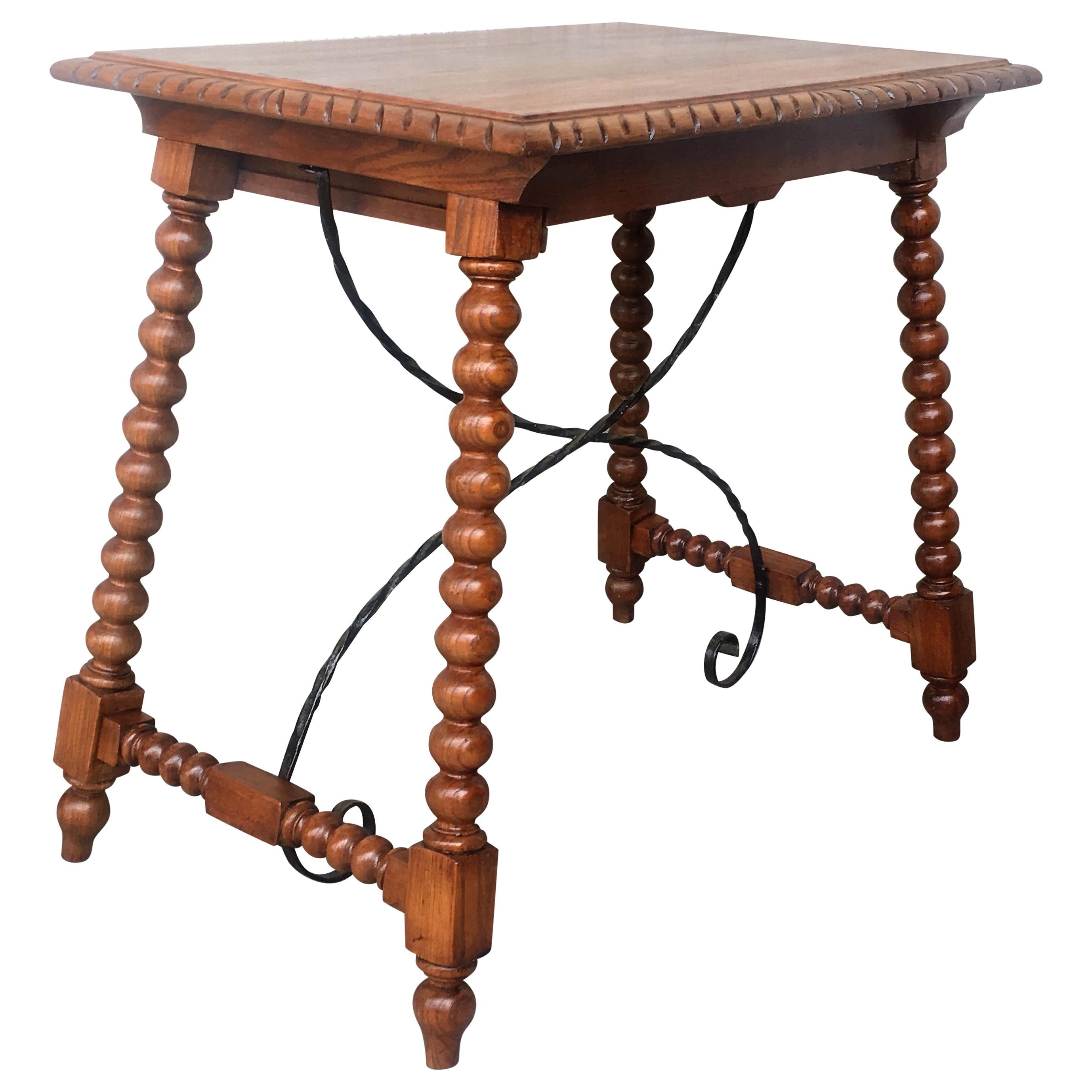 19th Century Spanish Farm Table with Iron Stretchers, Hand Carved Top and Drawer