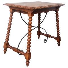 Antique 19th Century Spanish Farm Table with Iron Stretchers, Hand Carved Top and Drawer