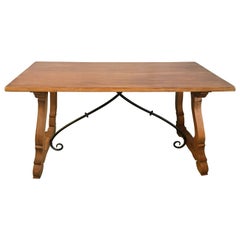 19th Century Spanish Farm Trestle Lyre Leg Table with Forged Iron