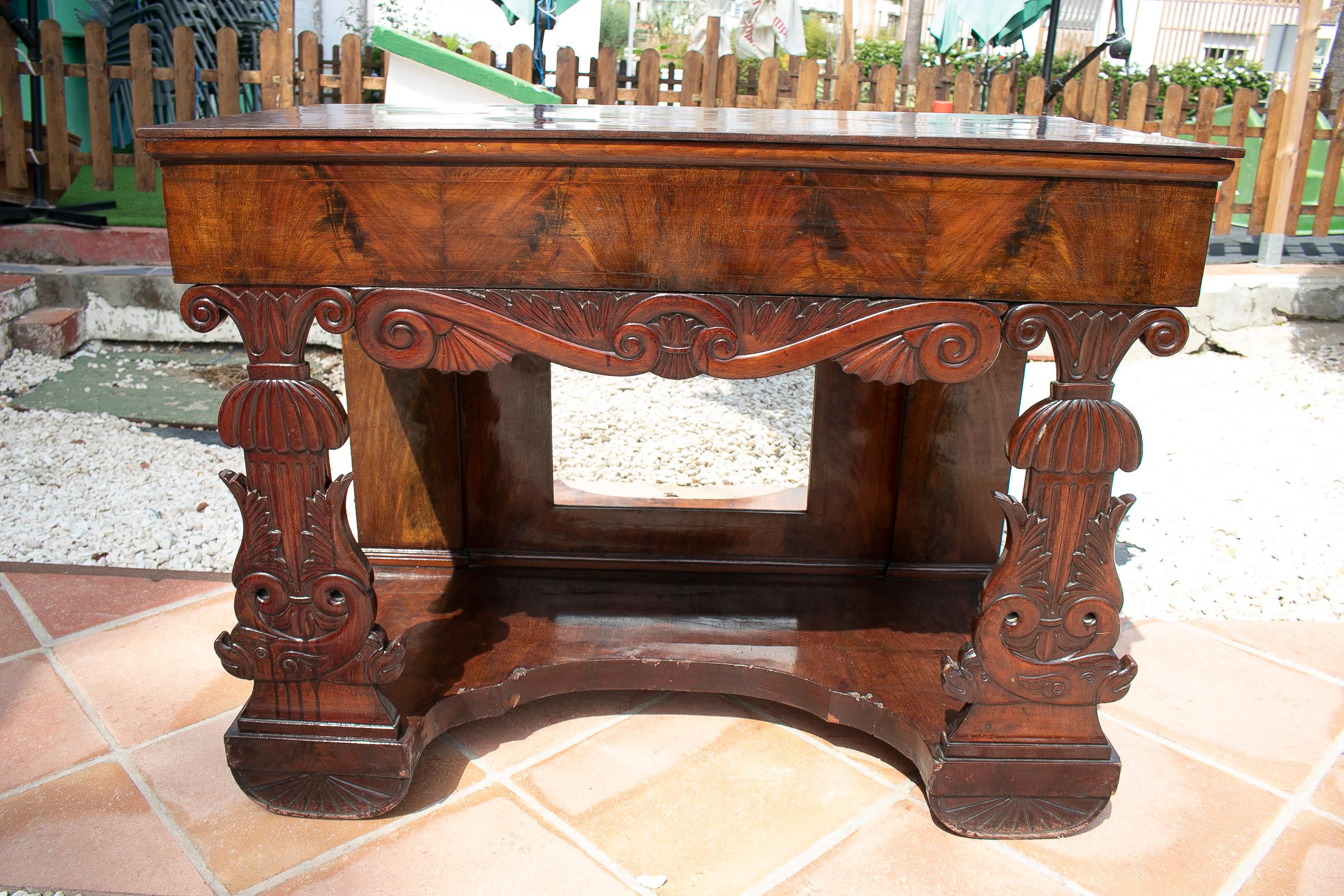 19th Century Spanish Fenandino Style Mahogany Root Wood Console Table w/ Mirror For Sale 7