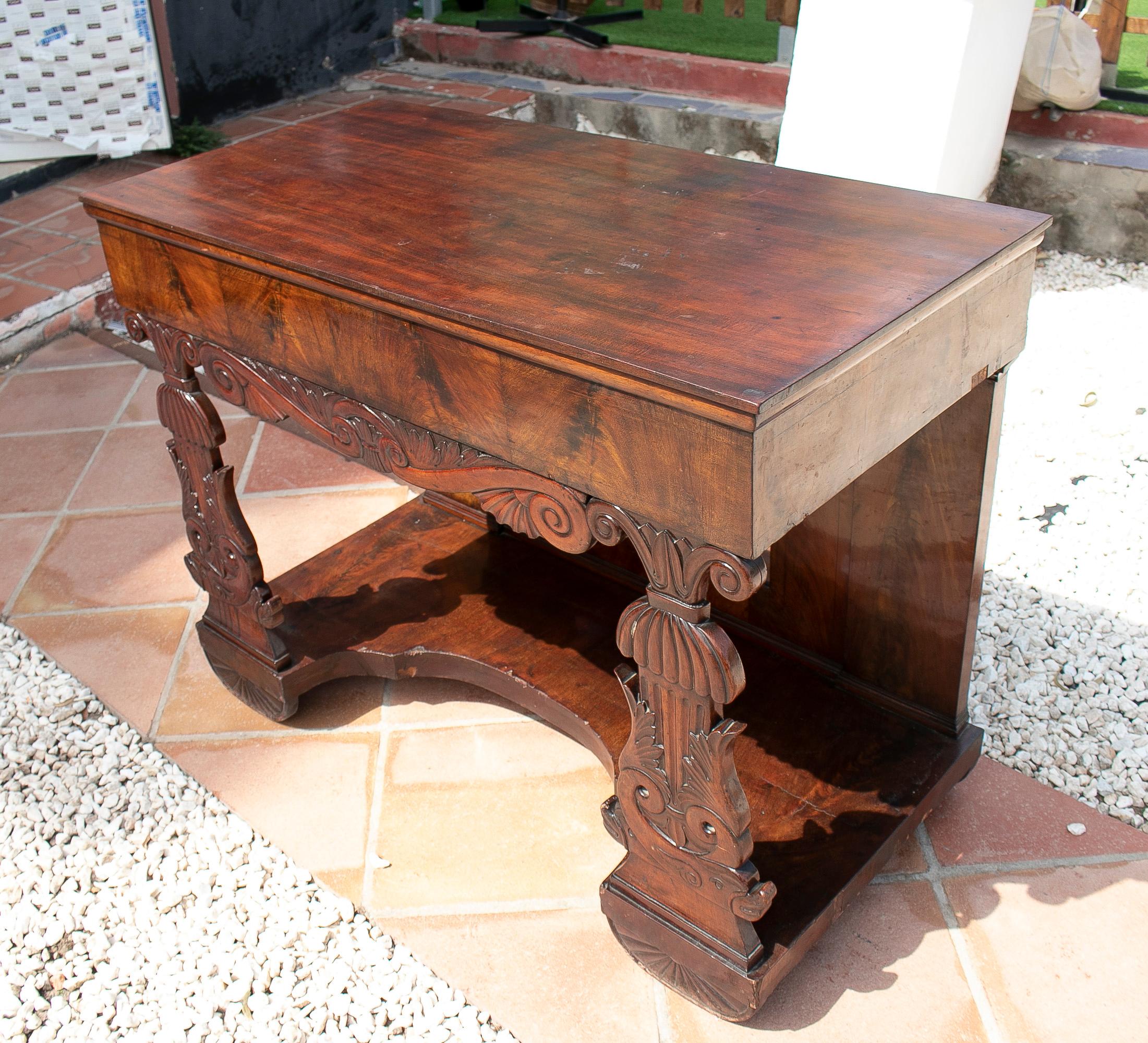 19th Century Spanish Fenandino Style Mahogany Root Wood Console Table w/ Mirror For Sale 13