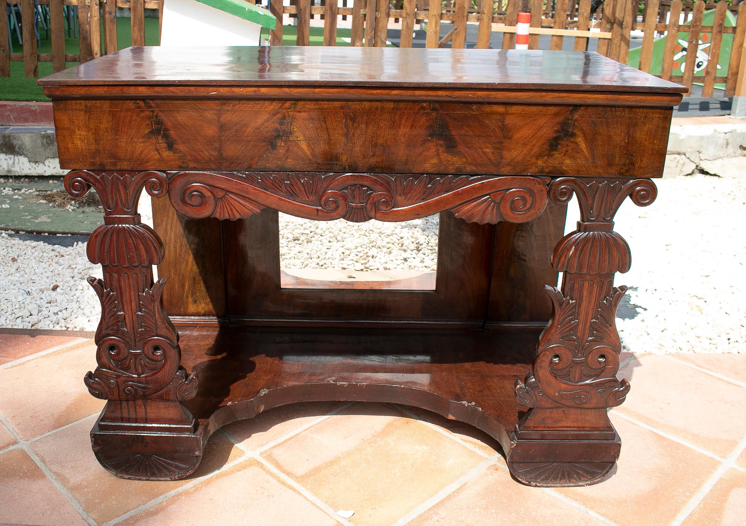 Antique 19th century Spanish Fernandino style mahogany root wood console table with mirror.