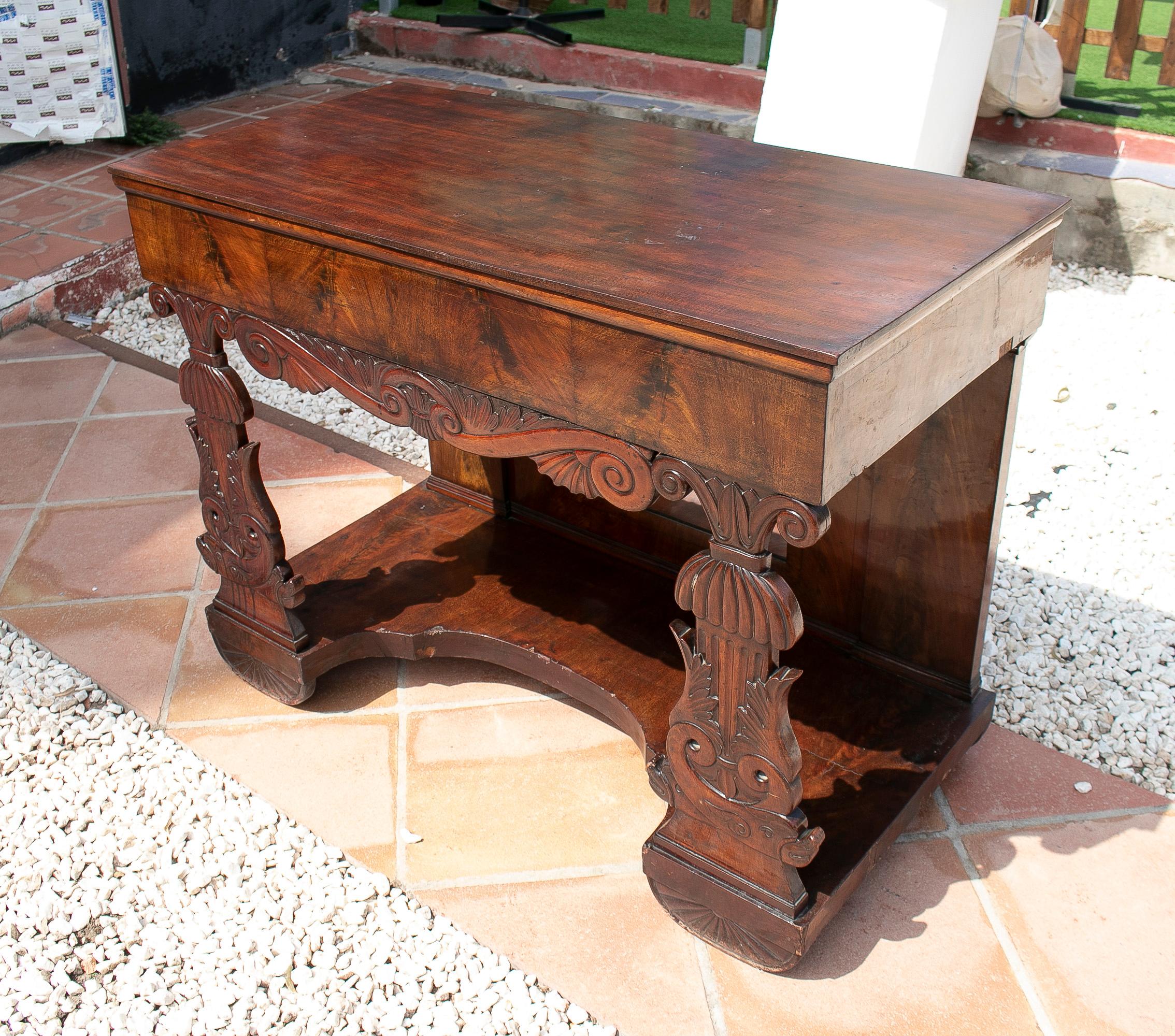 19th Century Spanish Fenandino Style Mahogany Root Wood Console Table w/ Mirror In Good Condition For Sale In Marbella, ES