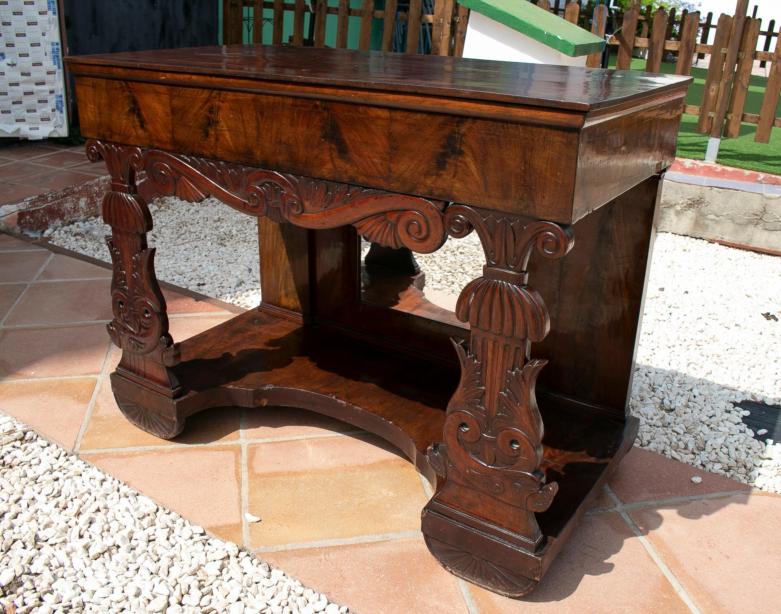 20th Century 19th Century Spanish Fenandino Style Mahogany Root Wood Console Table w/ Mirror For Sale