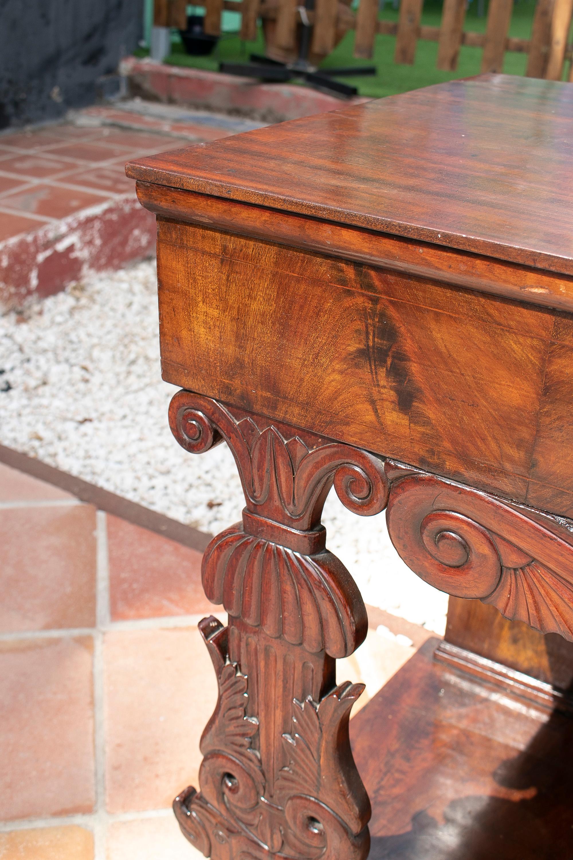 19th Century Spanish Fenandino Style Mahogany Root Wood Console Table w/ Mirror For Sale 1