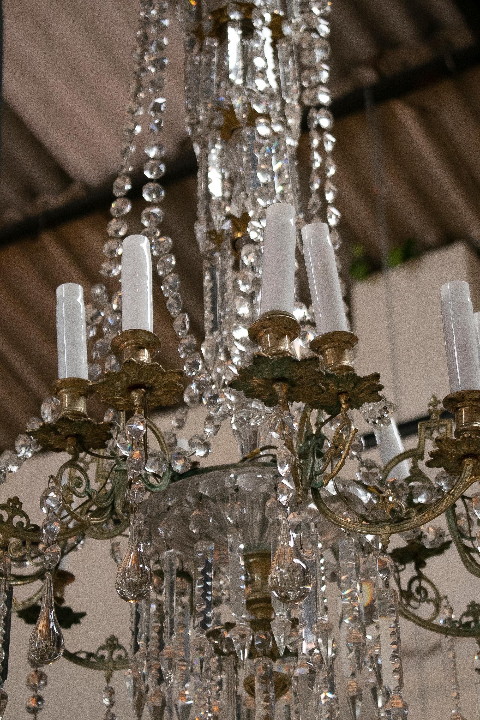 19th Century Spanish Fire Gilt Bronze Chandelier with Crystal Decorations For Sale 8