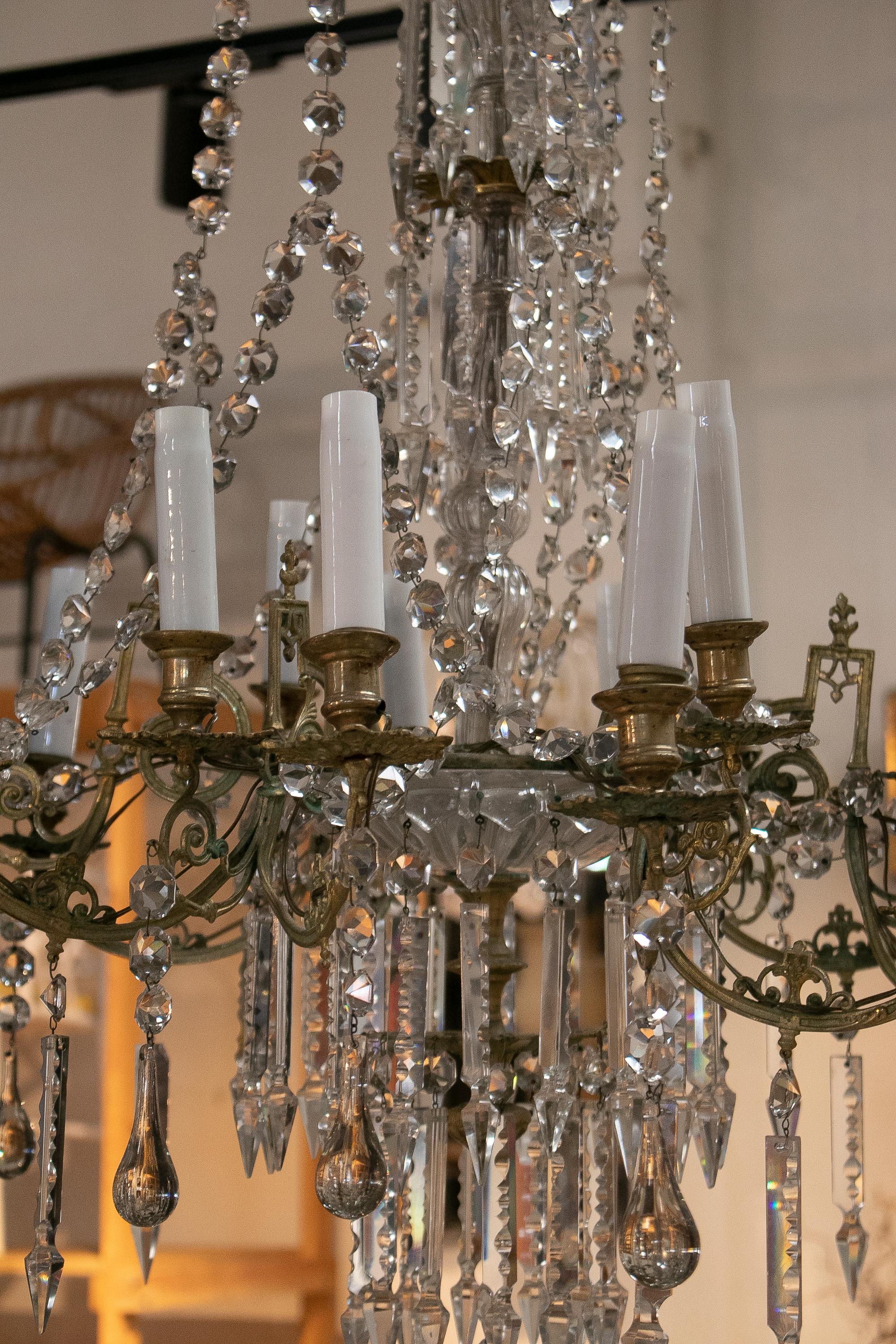 19th Century Spanish Fire Gilt Bronze Chandelier with Crystal Decorations For Sale 11