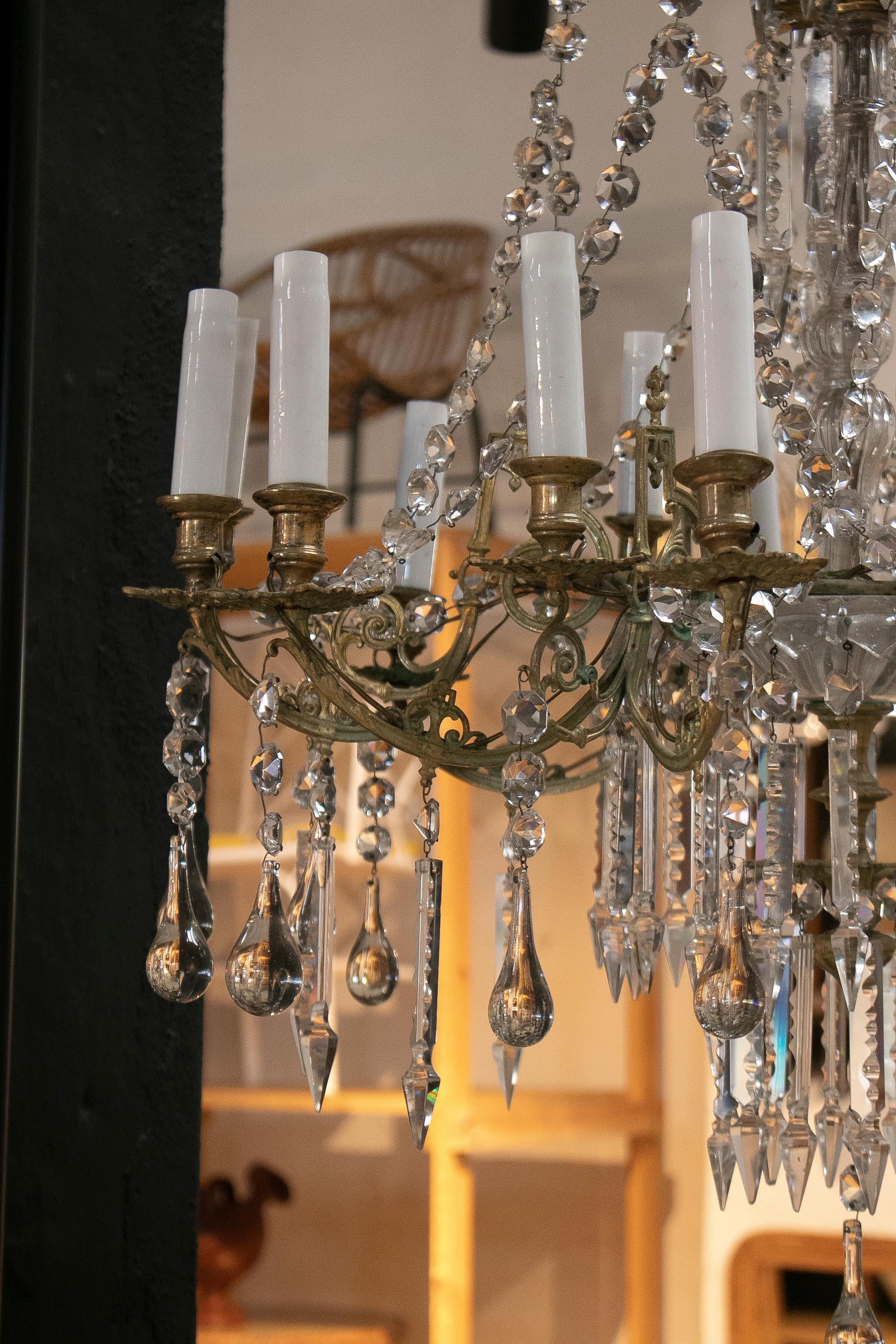 19th Century Spanish Fire Gilt Bronze Chandelier with Crystal Decorations For Sale 12