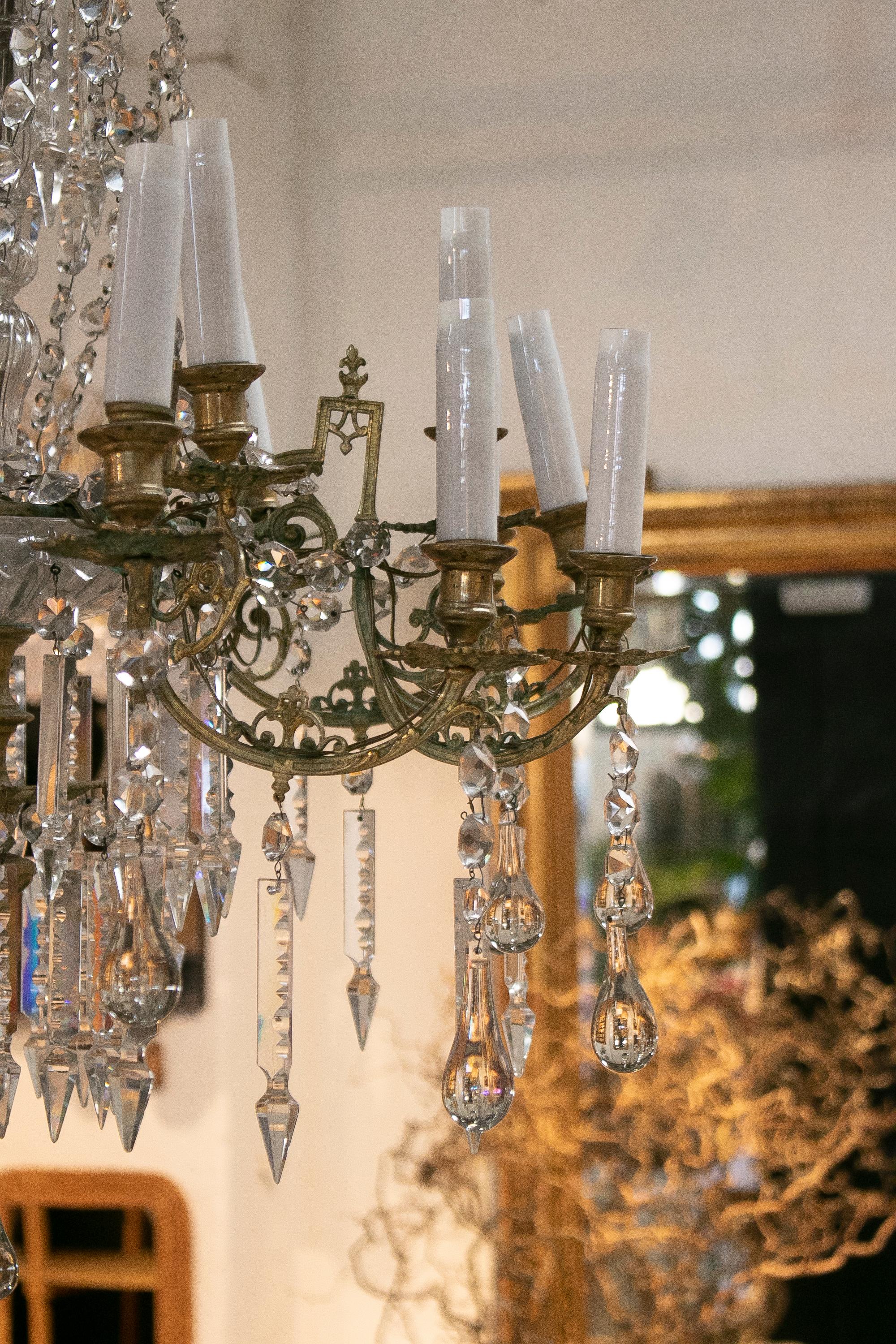 19th Century Spanish Fire Gilt Bronze Chandelier with Crystal Decorations For Sale 13