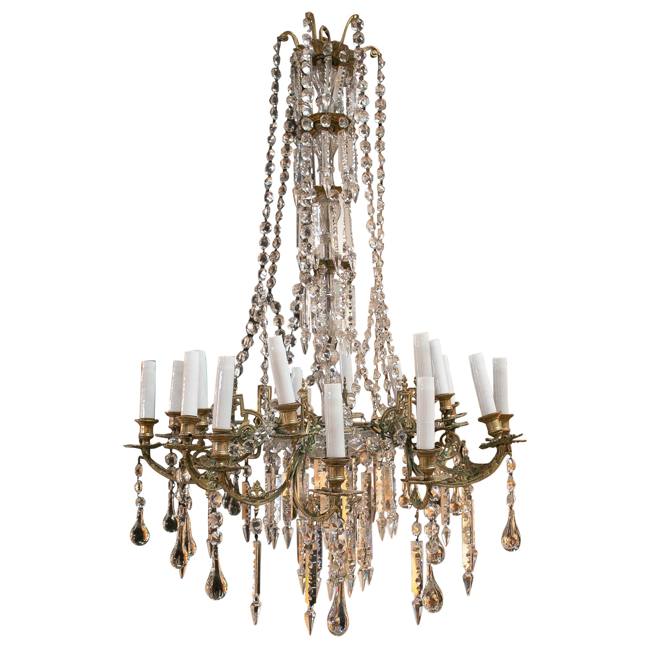 19th Century Spanish Fire Gilt Bronze Chandelier with Crystal Decorations For Sale