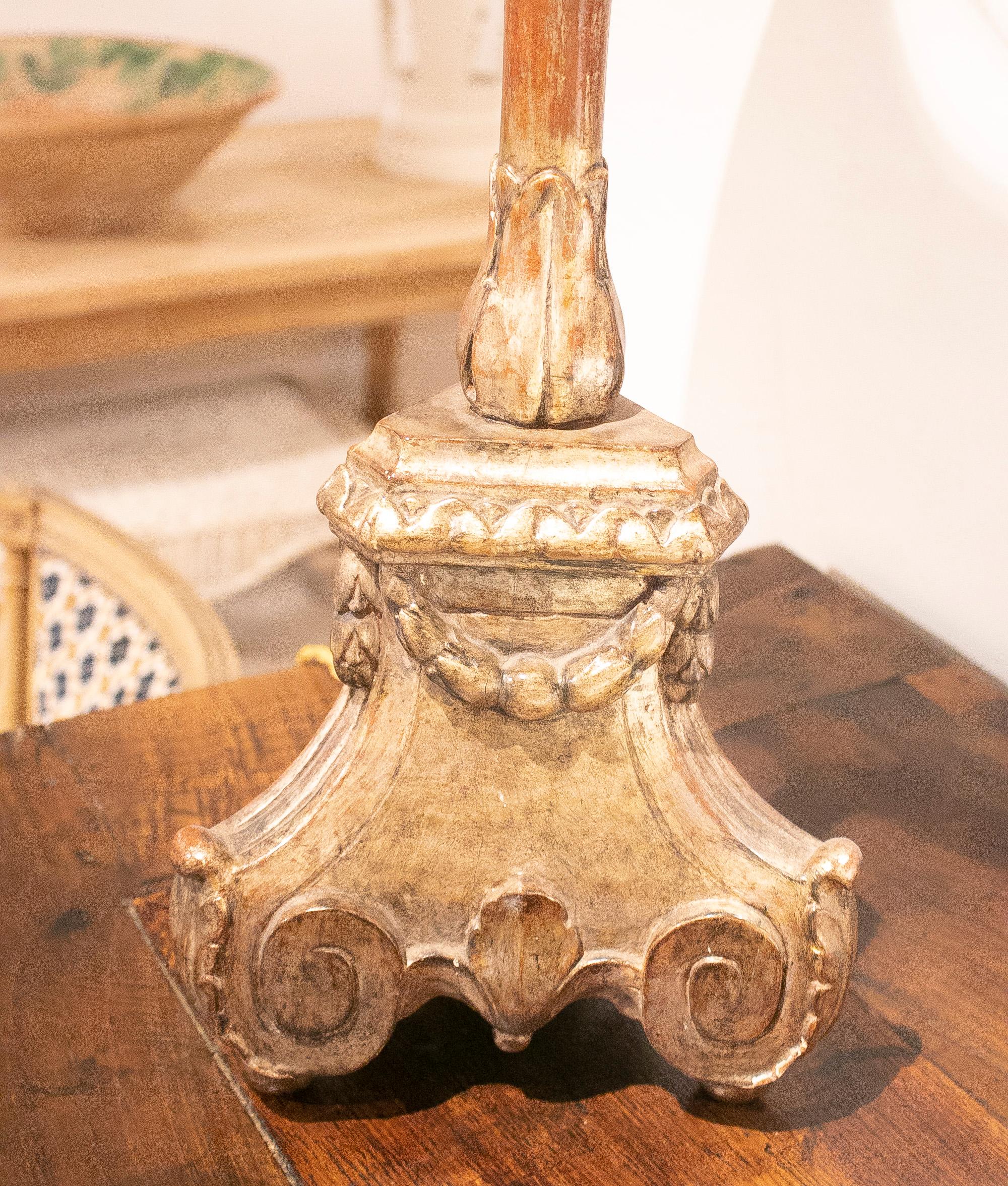 Wood 19th Century Spanish Giltwood Candlestick Turned Table Lamp For Sale