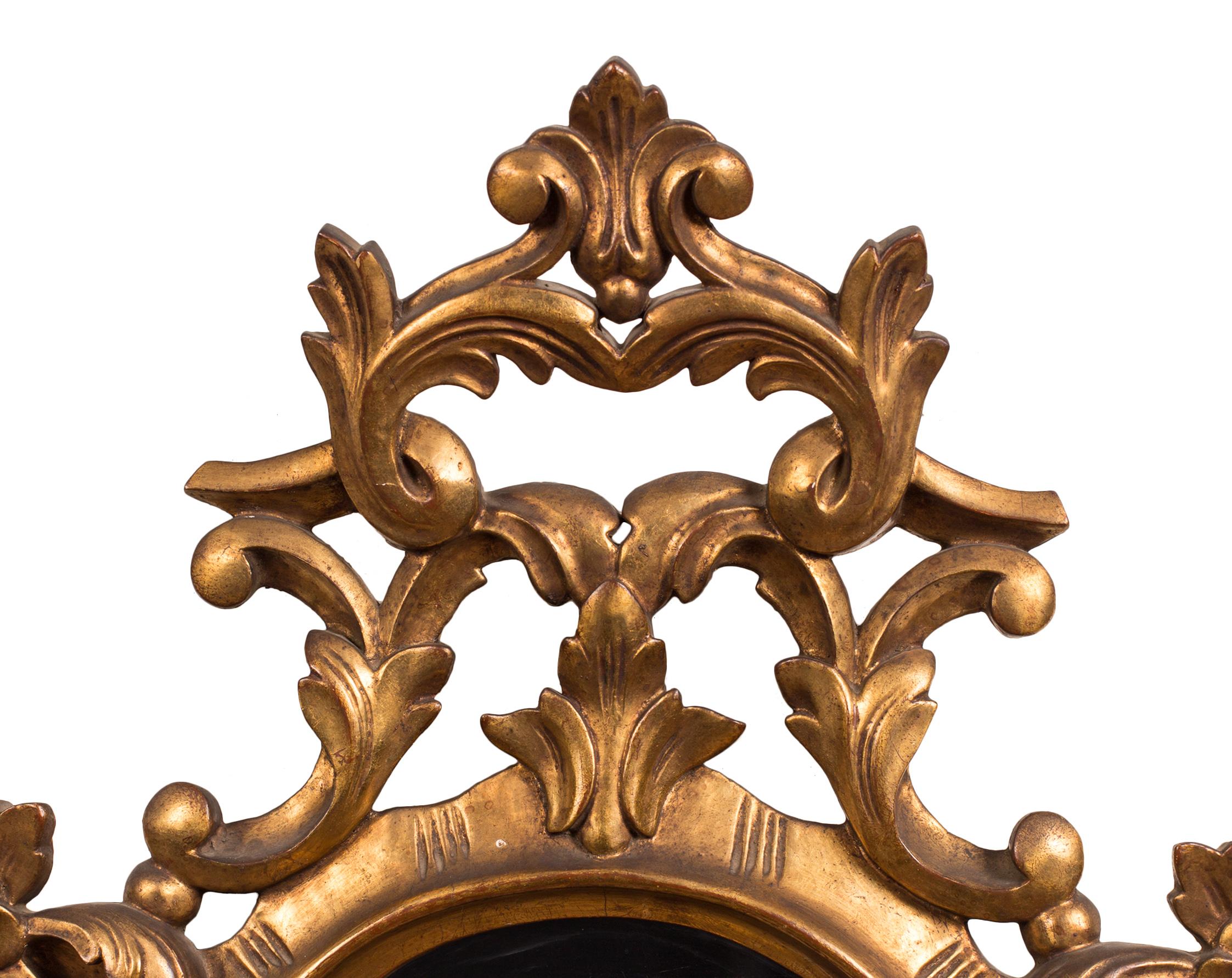 Baroque Revival 19th Century Spanish Giltwood Mirror Sconce, La Granja Glass, Electrified For Sale