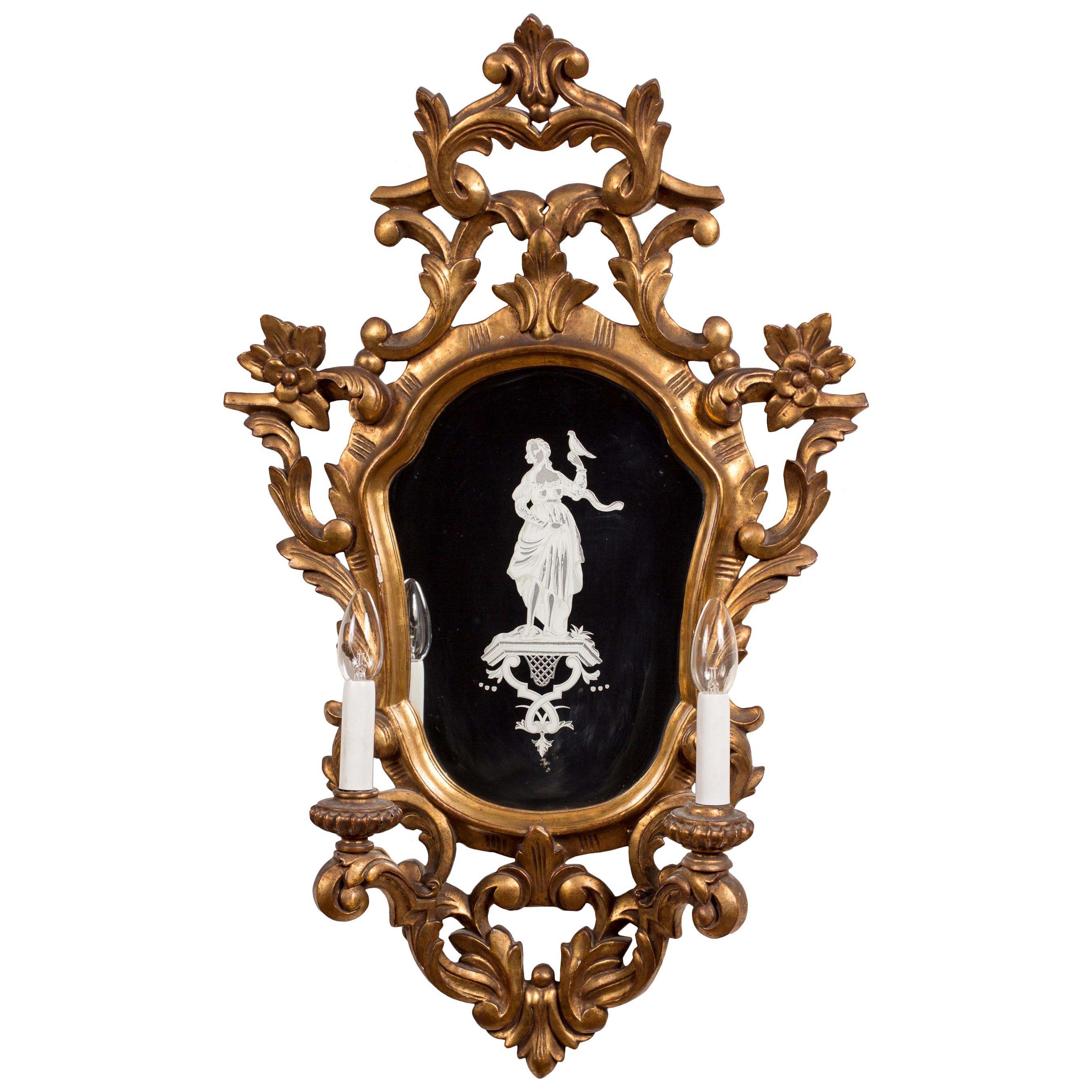 Antique Spanish Giltwood Mirror Sconce, Etched Classical Design, Electrified For Sale