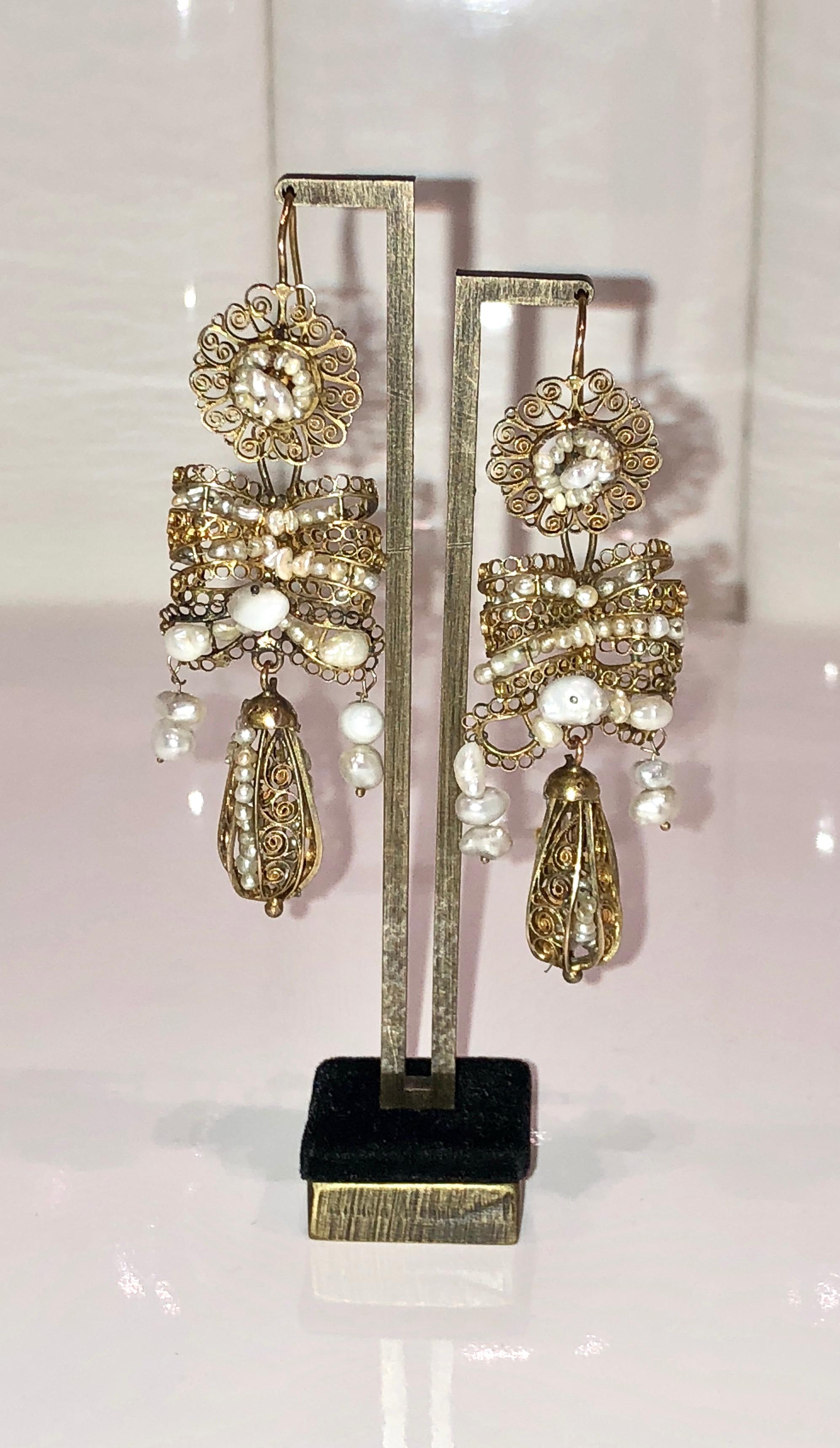 Antique Spanish girandolle earrings set in 18k yellow gold filagree work with sead pearls and fresh water pearls , circa 1890s