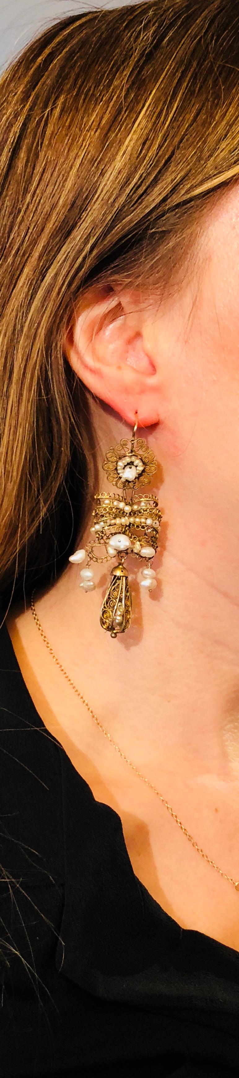 Uncut 19th Century Spanish Girandolle Filagree Work Earrings Set with Pearls