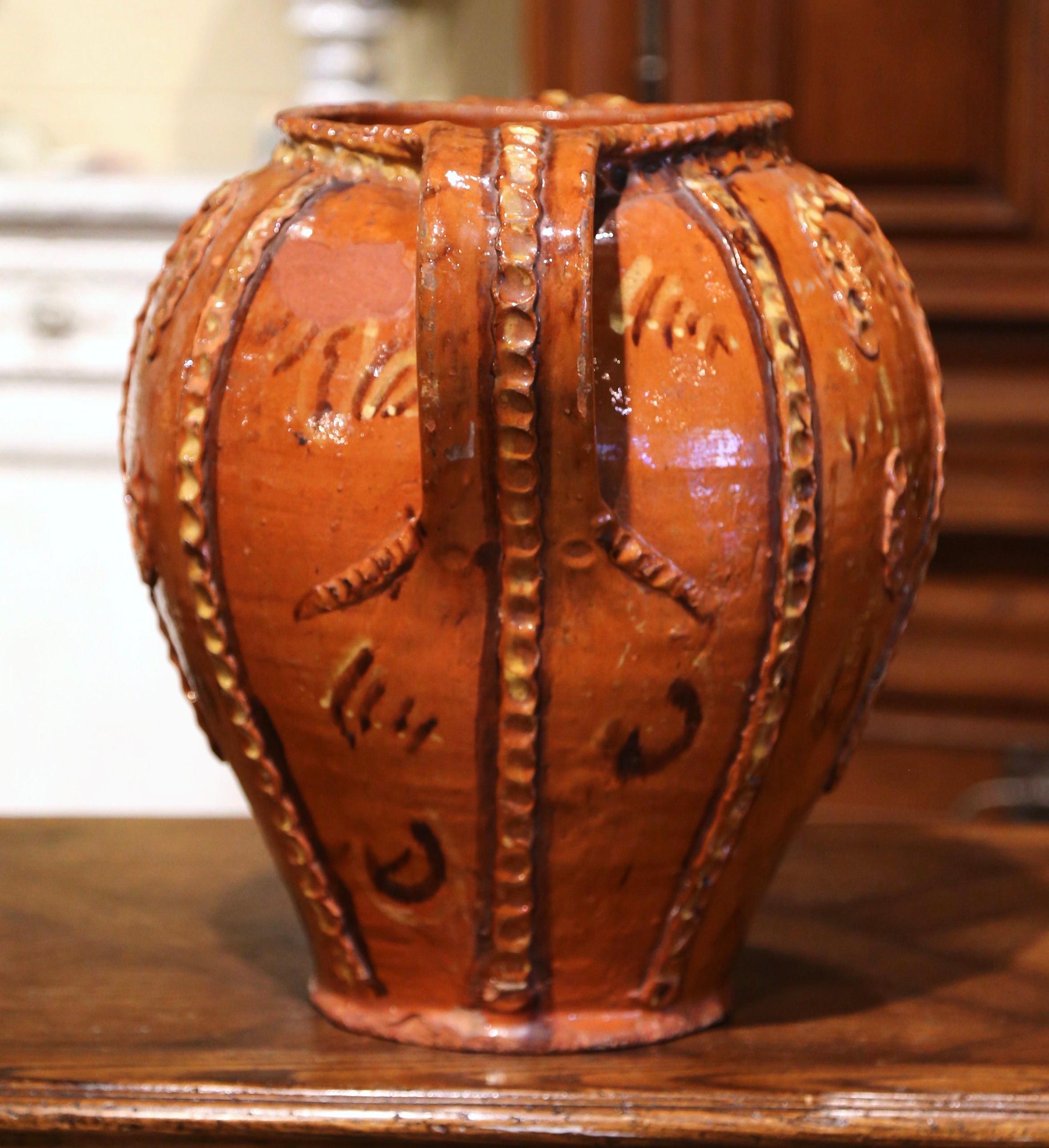 19th Century Spanish Glazed and Painted Terracotta Olive Jar 1