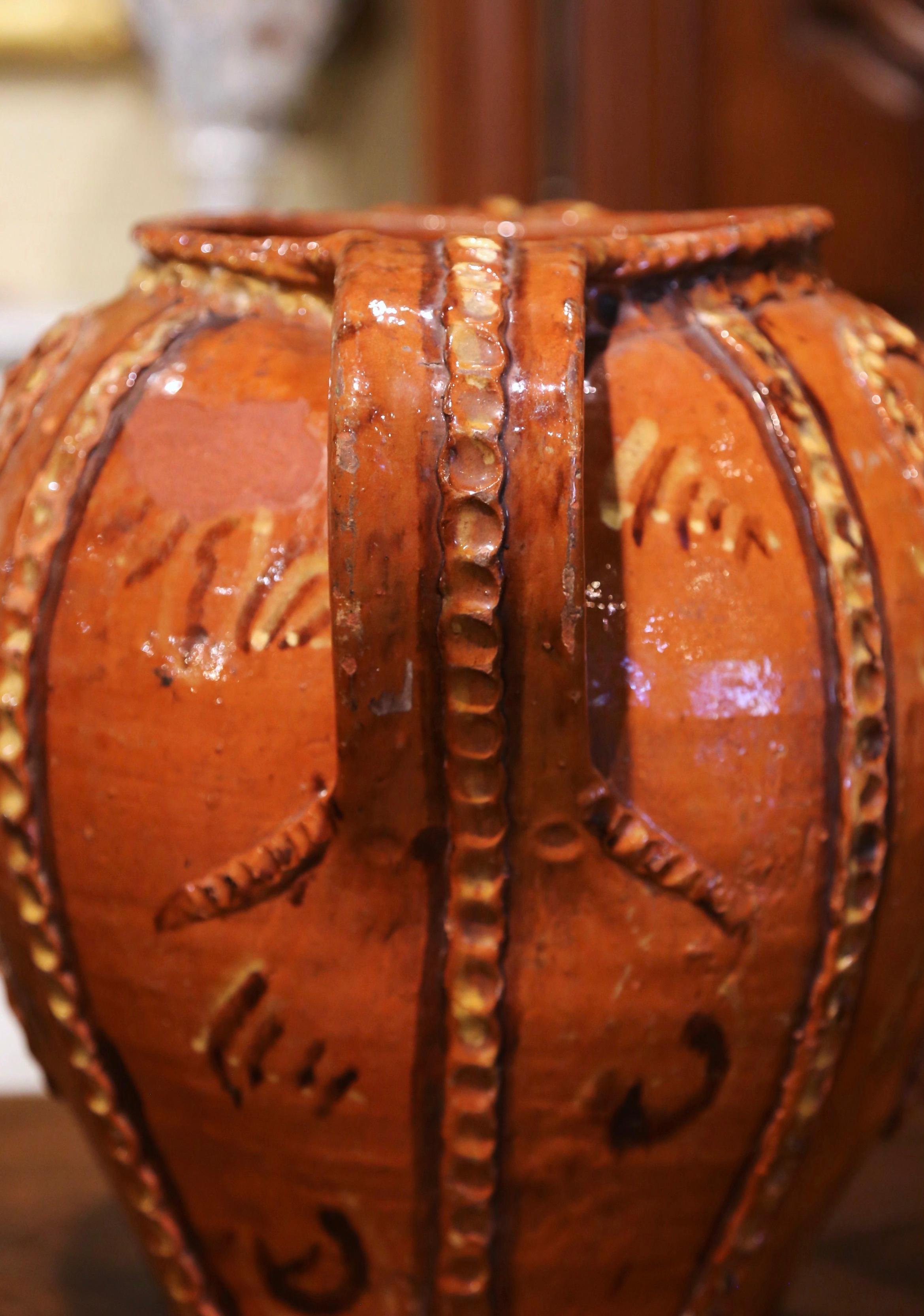 19th Century Spanish Glazed and Painted Terracotta Olive Jar 2