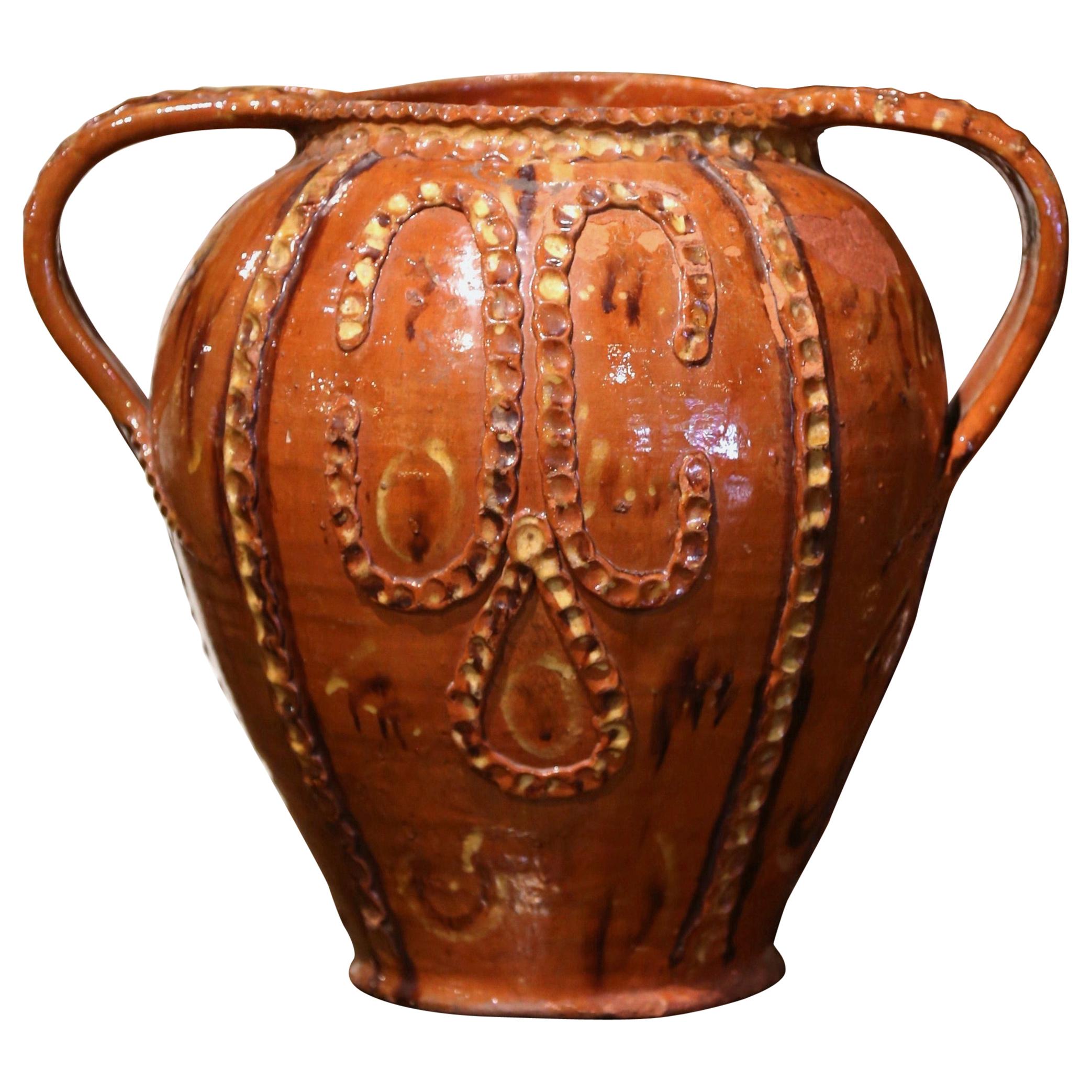 19th Century Spanish Glazed and Painted Terracotta Olive Jar