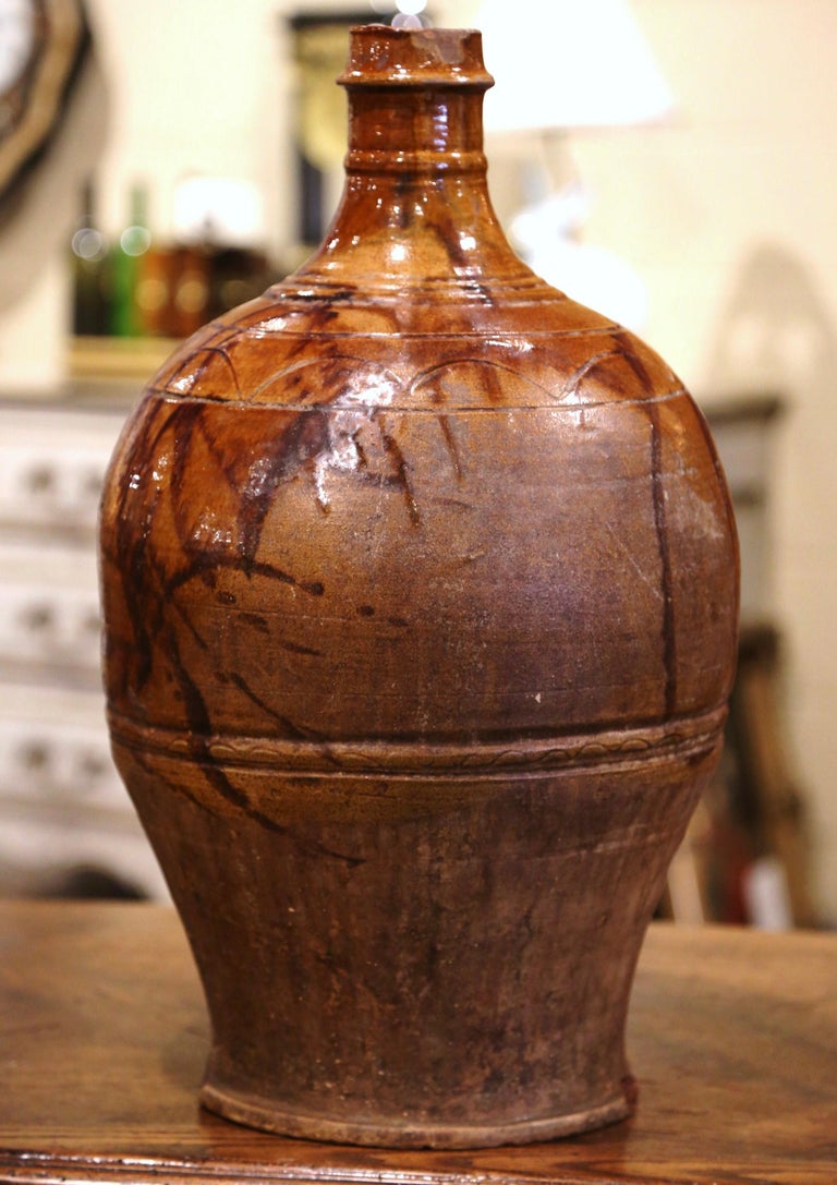 Pottery 19th Century Spanish Glazed and Painted Terracotta Wine Jar For Sale