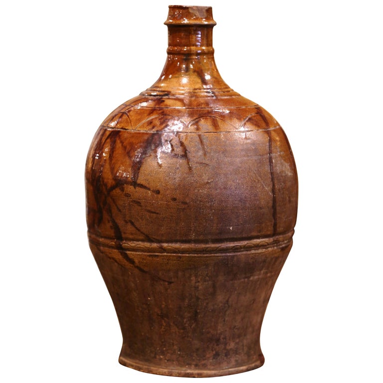 19th Century Spanish Glazed and Painted Terracotta Wine Jar For Sale