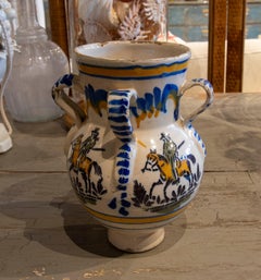 19th Century Spanish Glazed Ceramic Jar with Handles and a character on Horsebac