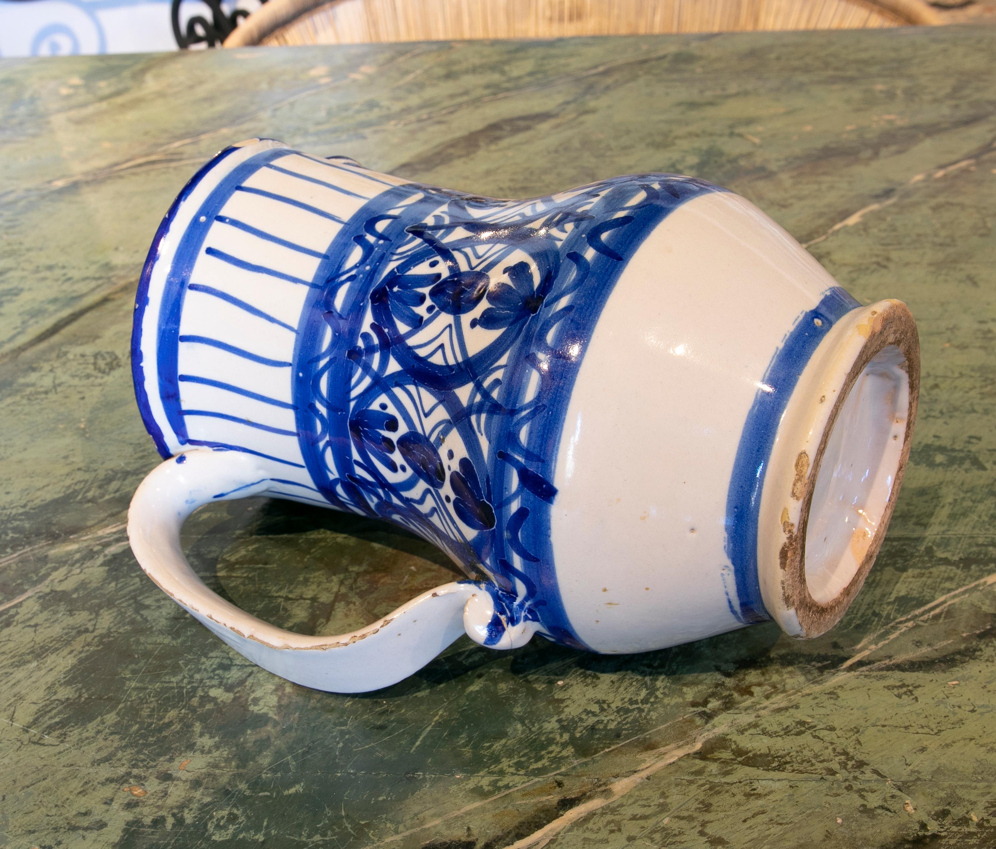 19th Century Spanish Glazed Ceramic Jug with Handle in Tones of Blue 6