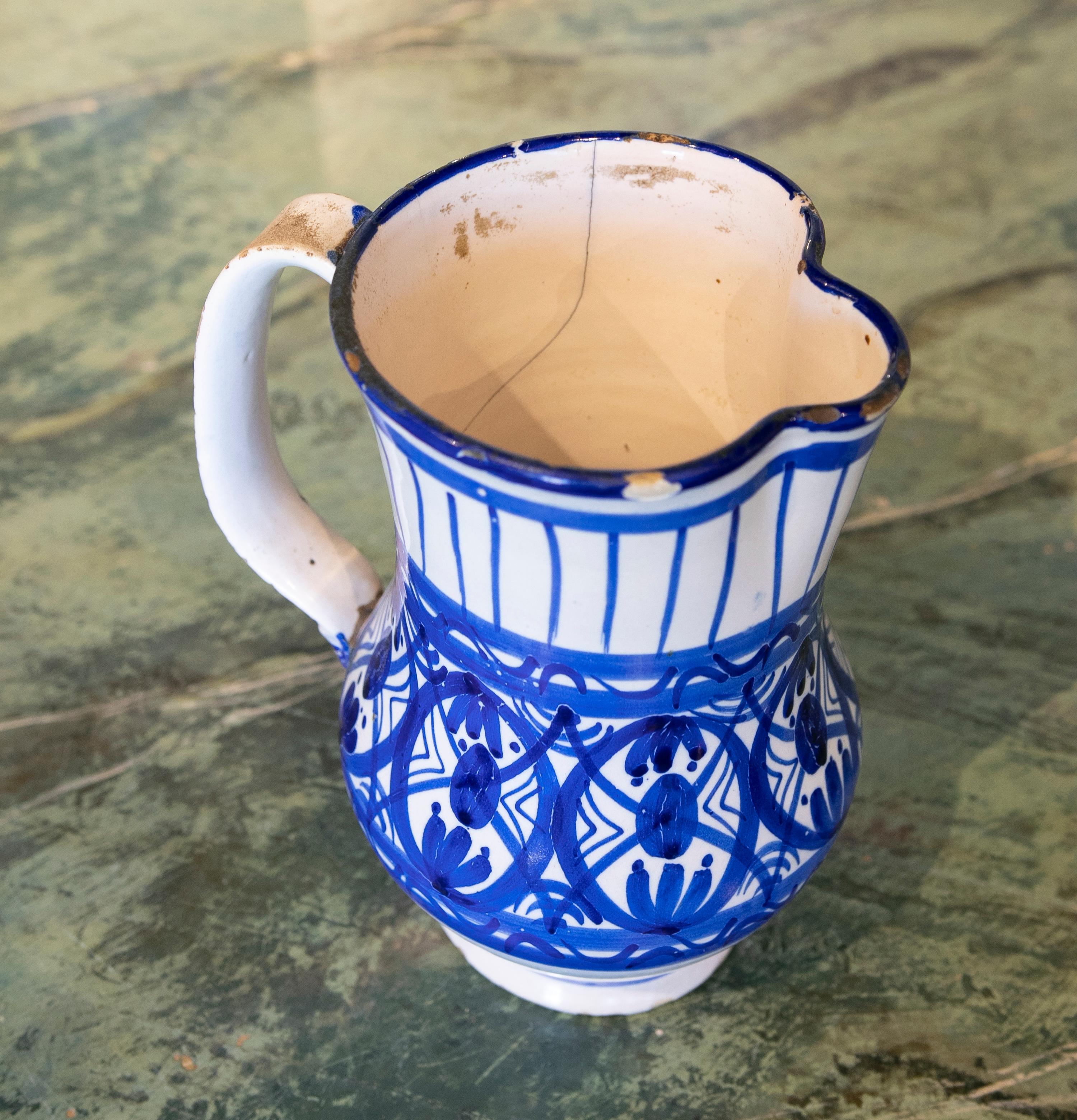 19th Century Spanish Glazed Ceramic Jug with Handle in Tones of Blue 7