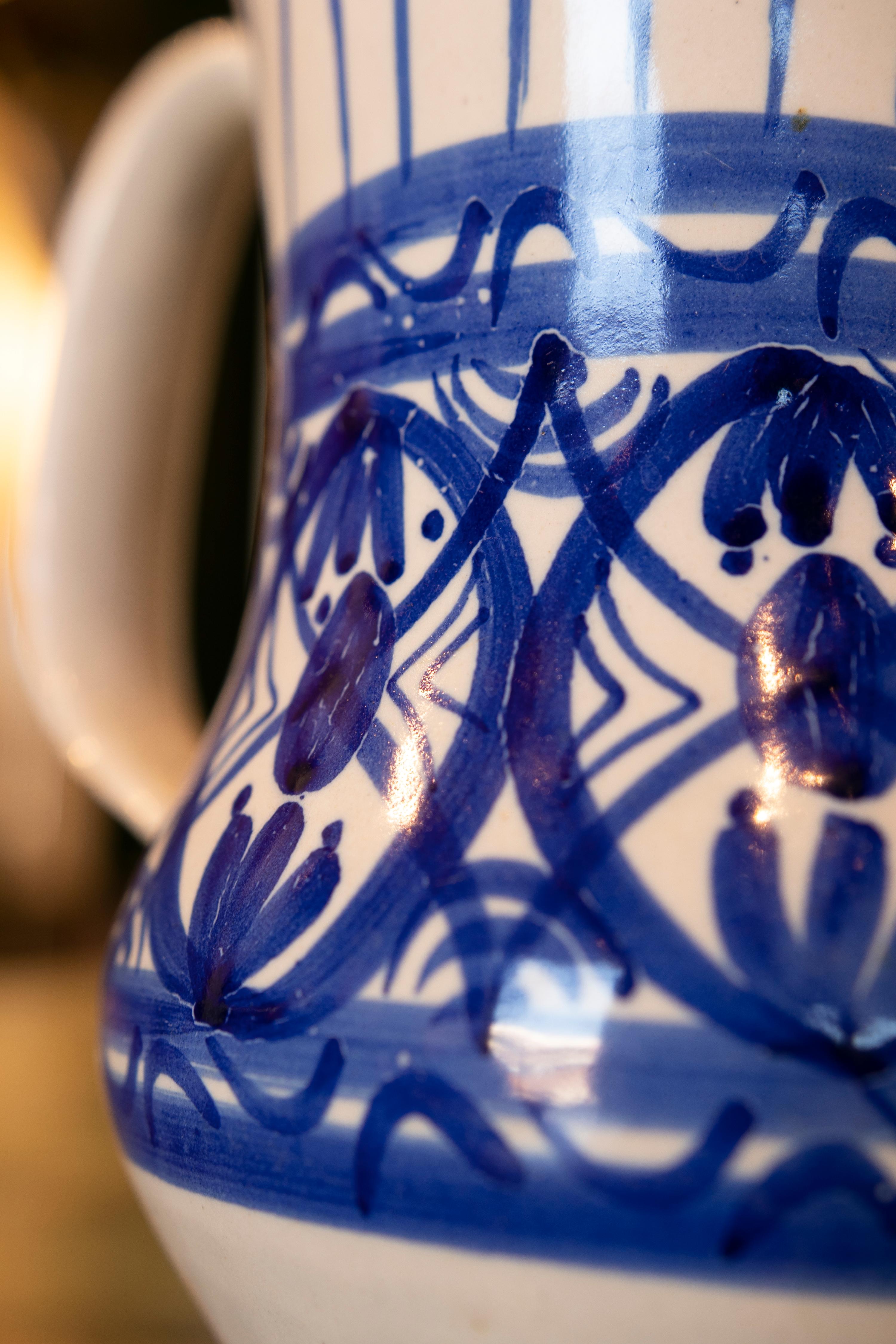 19th Century Spanish Glazed Ceramic Jug with Handle in Tones of Blue 8