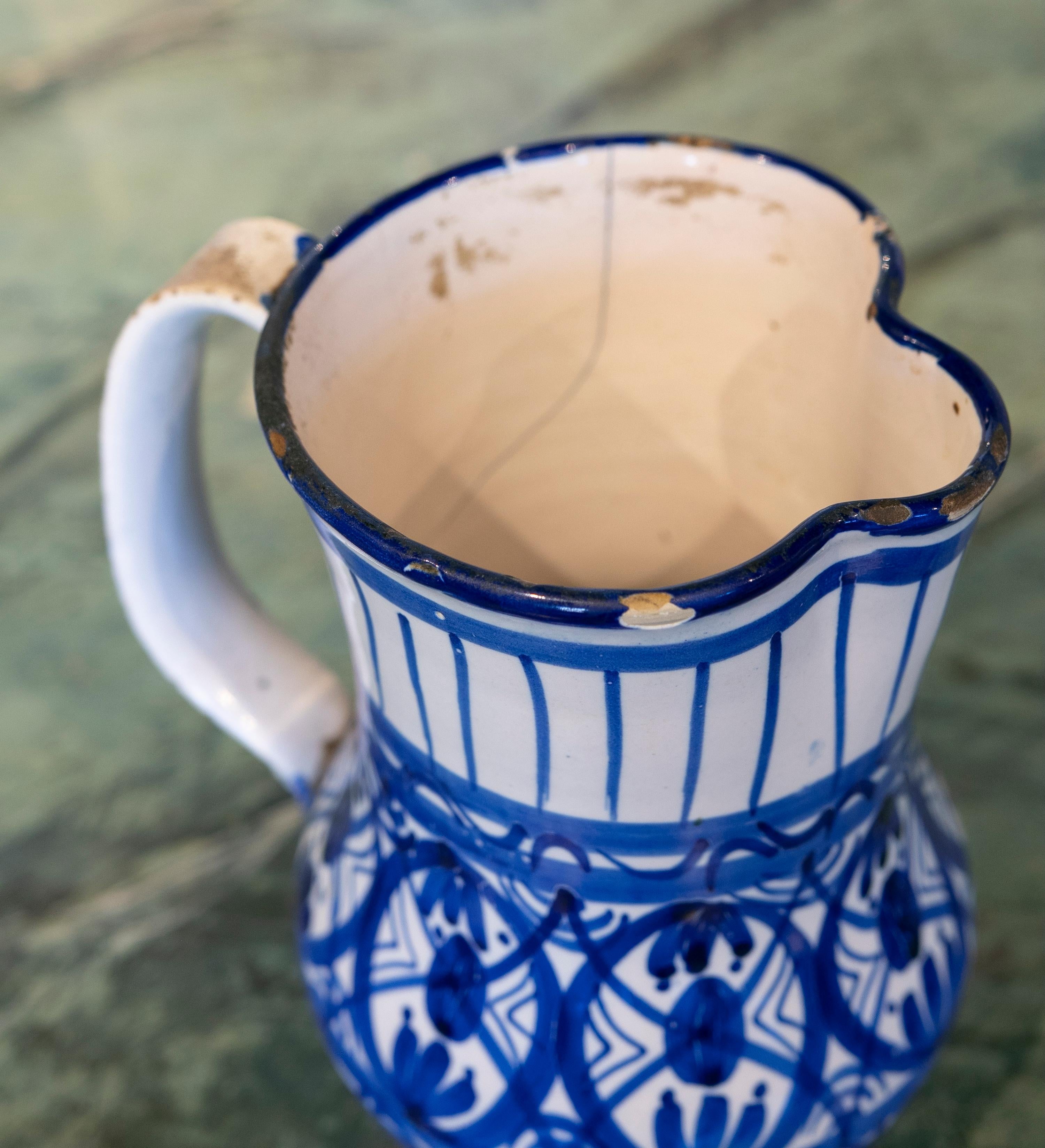 19th Century Spanish Glazed Ceramic Jug with Handle in Tones of Blue 10