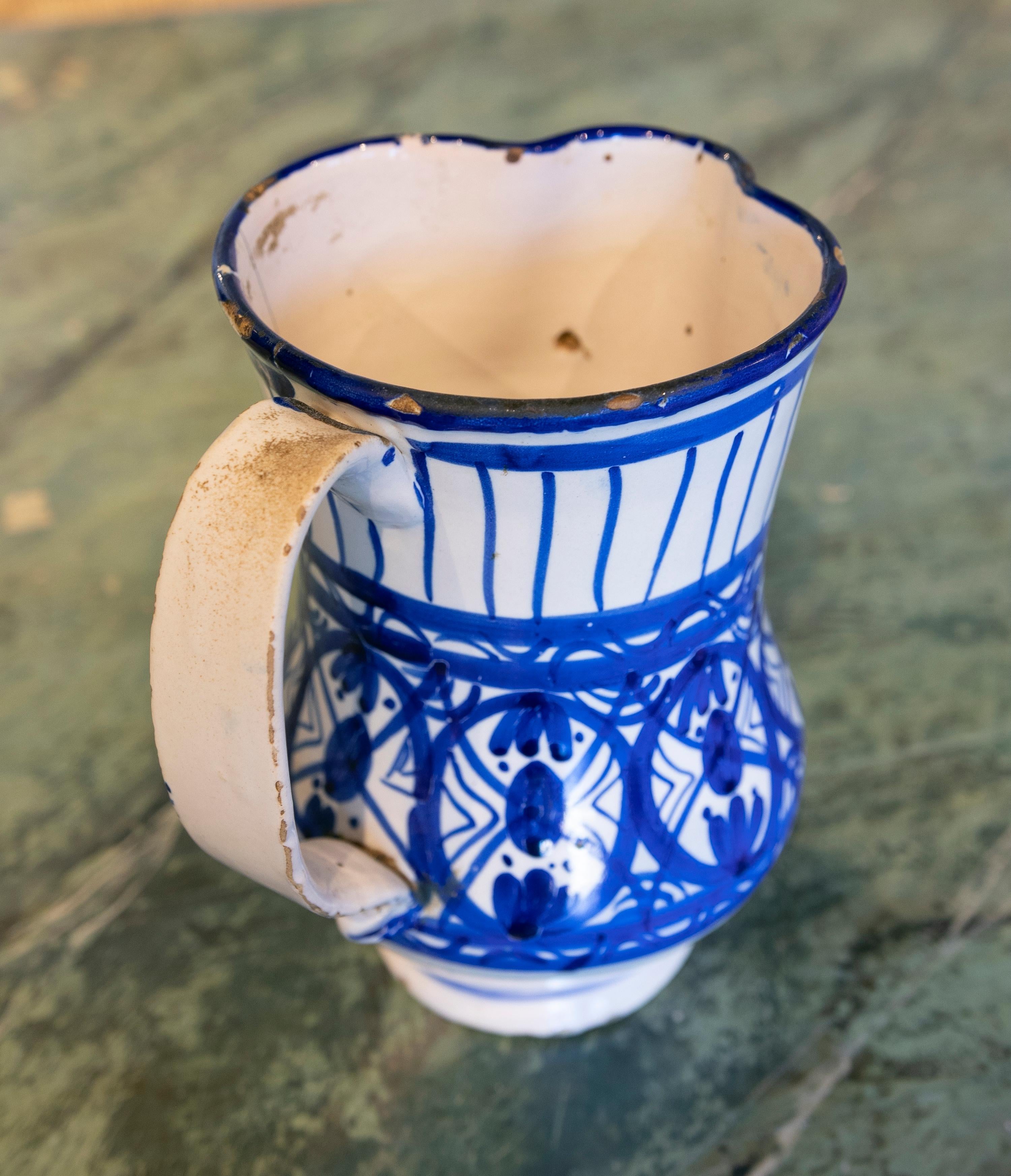 19th Century Spanish Glazed Ceramic Jug with Handle in Tones of Blue 11