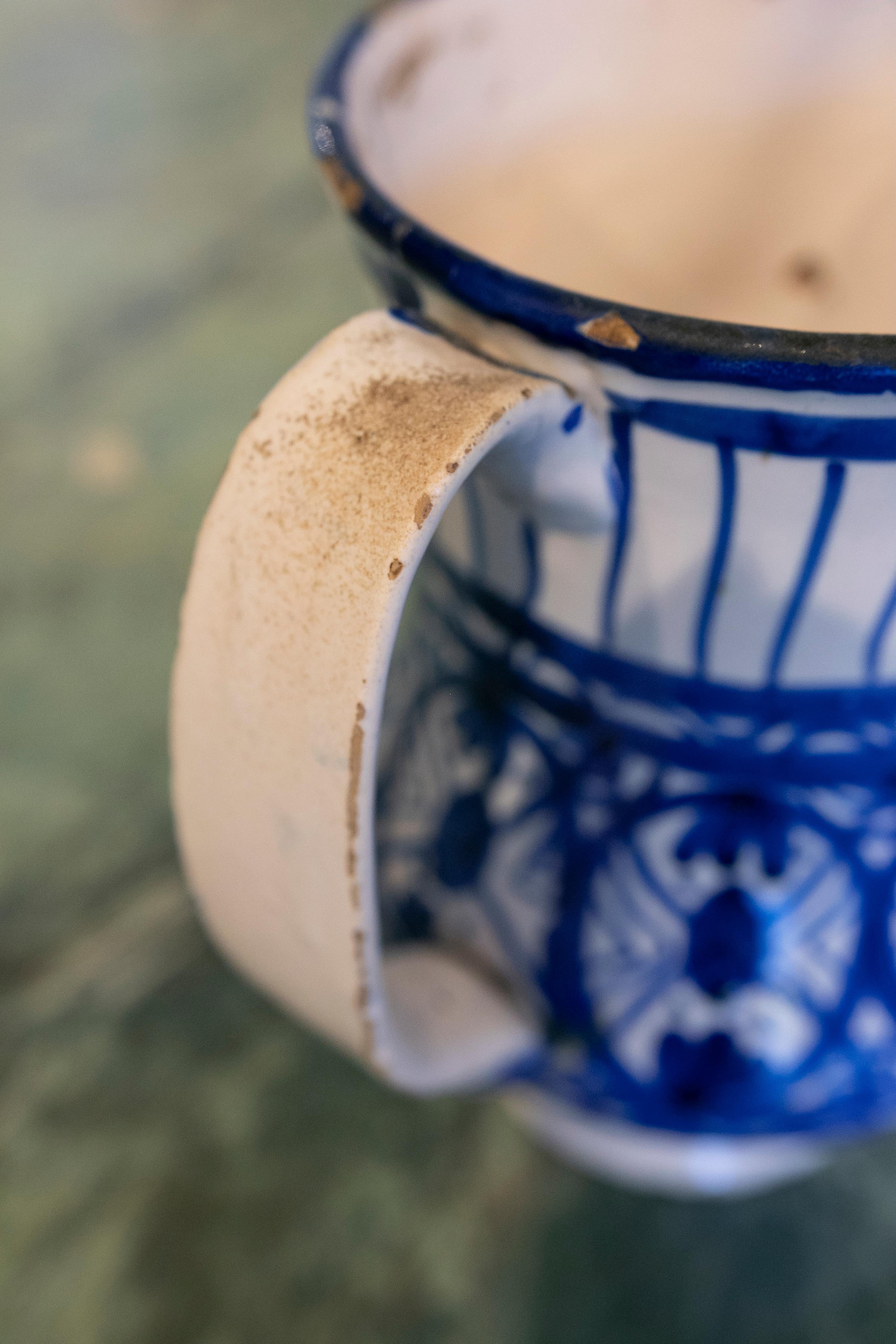 19th Century Spanish Glazed Ceramic Jug with Handle in Tones of Blue 12