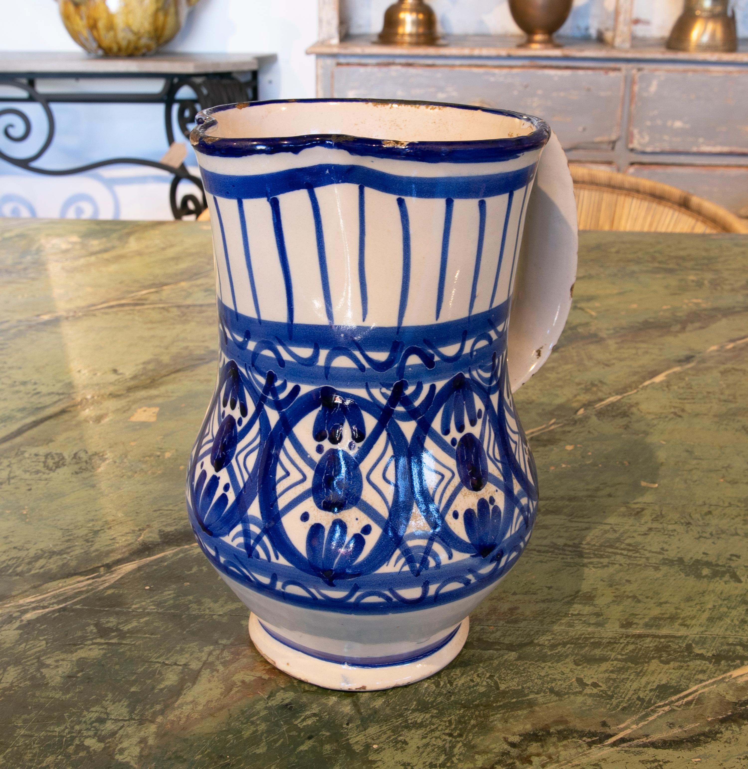 20th Century 19th Century Spanish Glazed Ceramic Jug with Handle in Tones of Blue