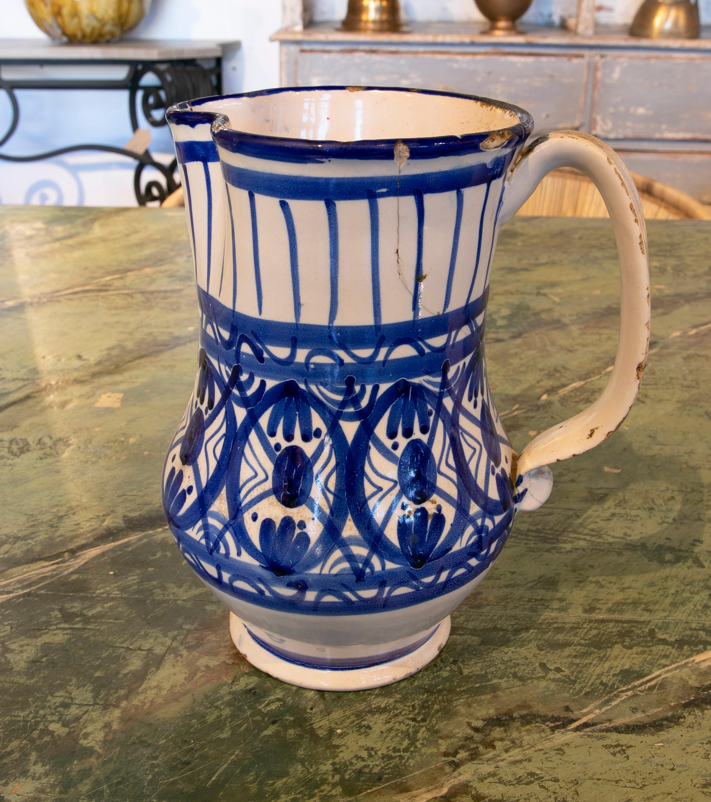 19th Century Spanish Glazed Ceramic Jug with Handle in Tones of Blue 1