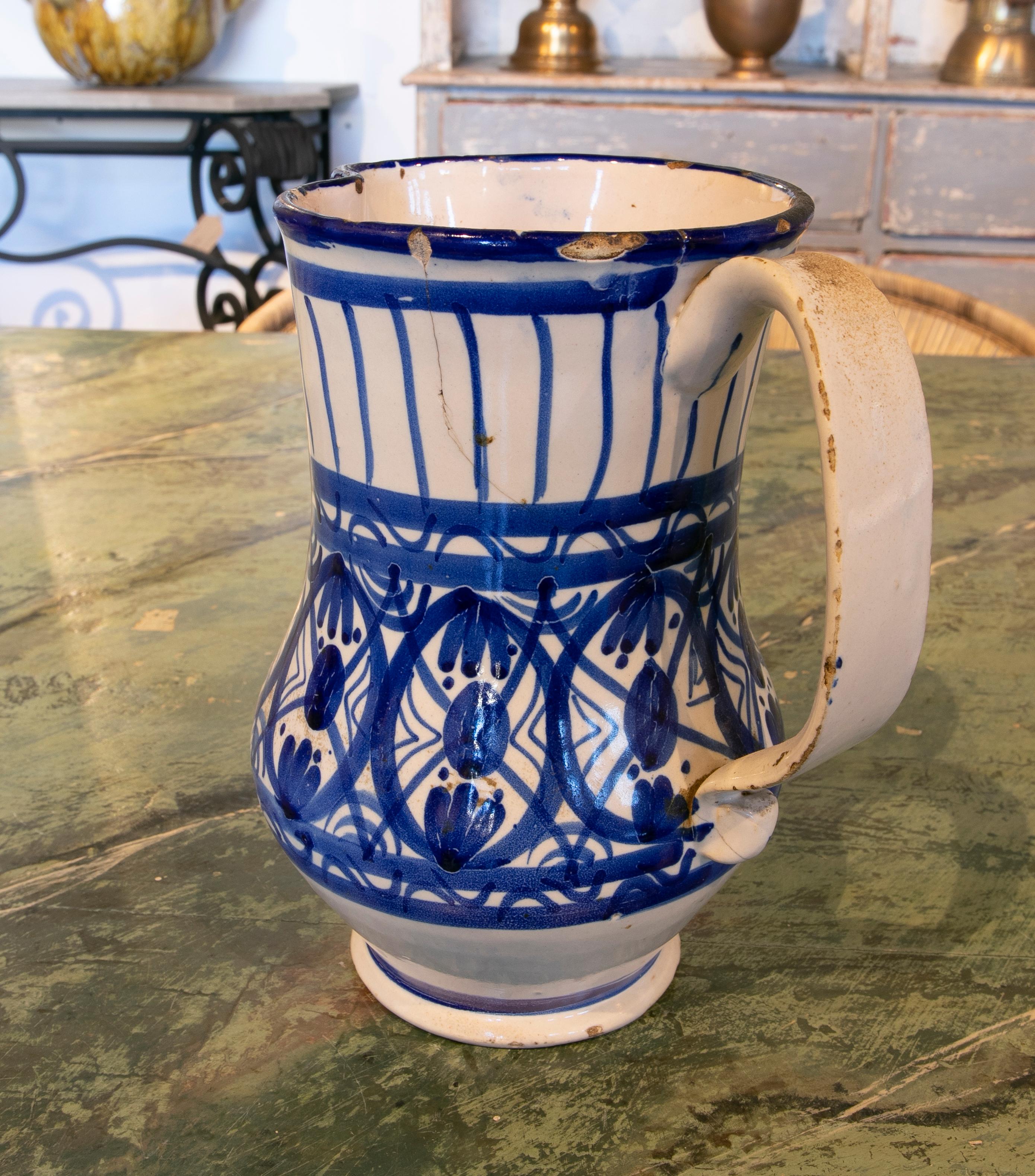 19th Century Spanish Glazed Ceramic Jug with Handle in Tones of Blue 2