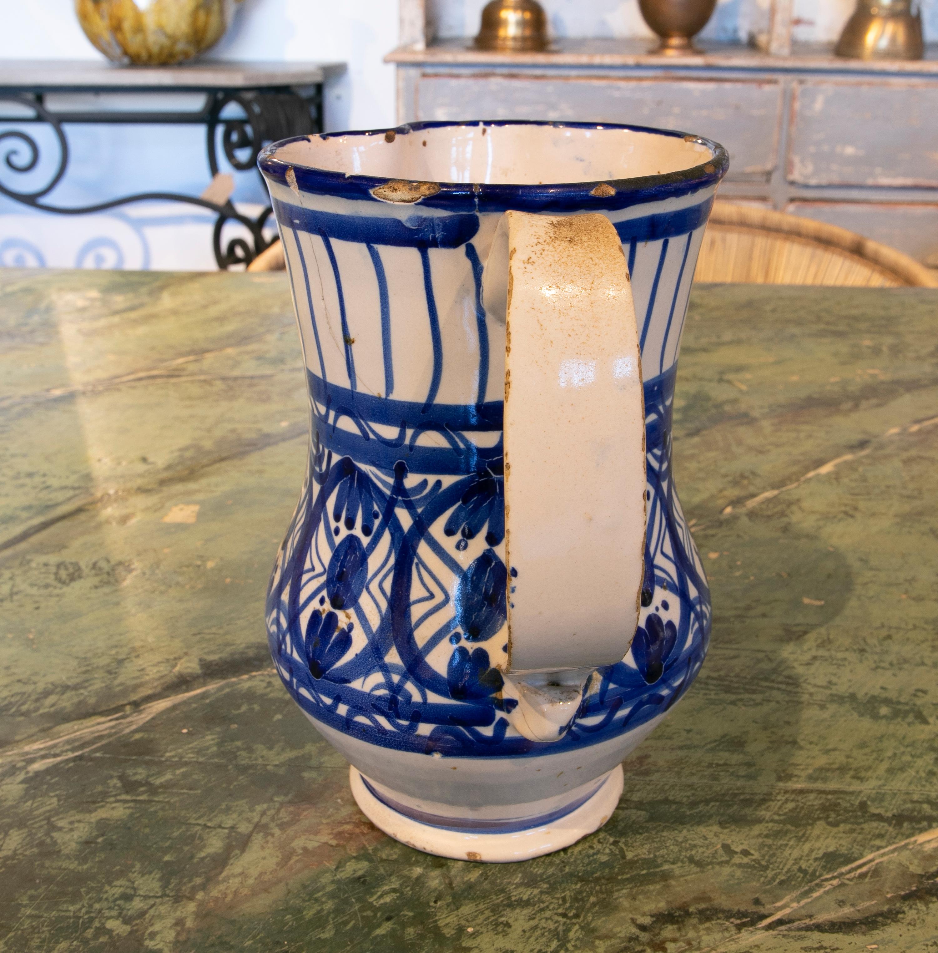 19th Century Spanish Glazed Ceramic Jug with Handle in Tones of Blue 3