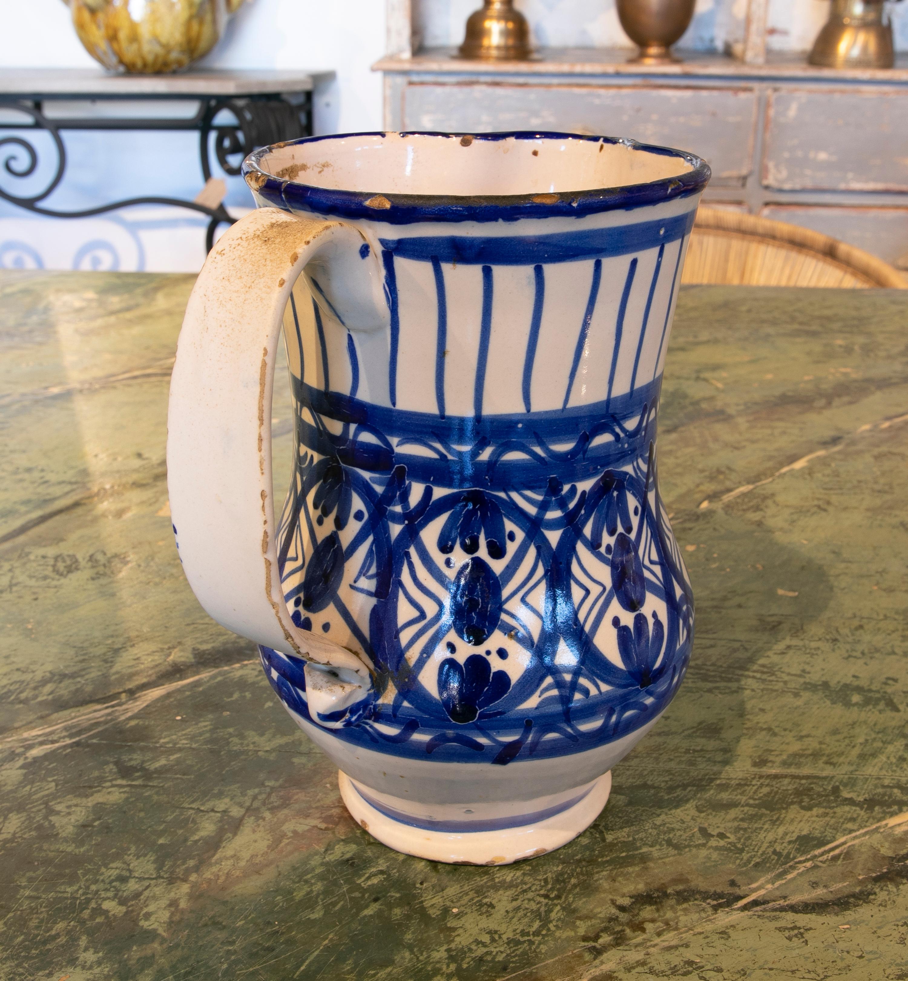 19th Century Spanish Glazed Ceramic Jug with Handle in Tones of Blue 4
