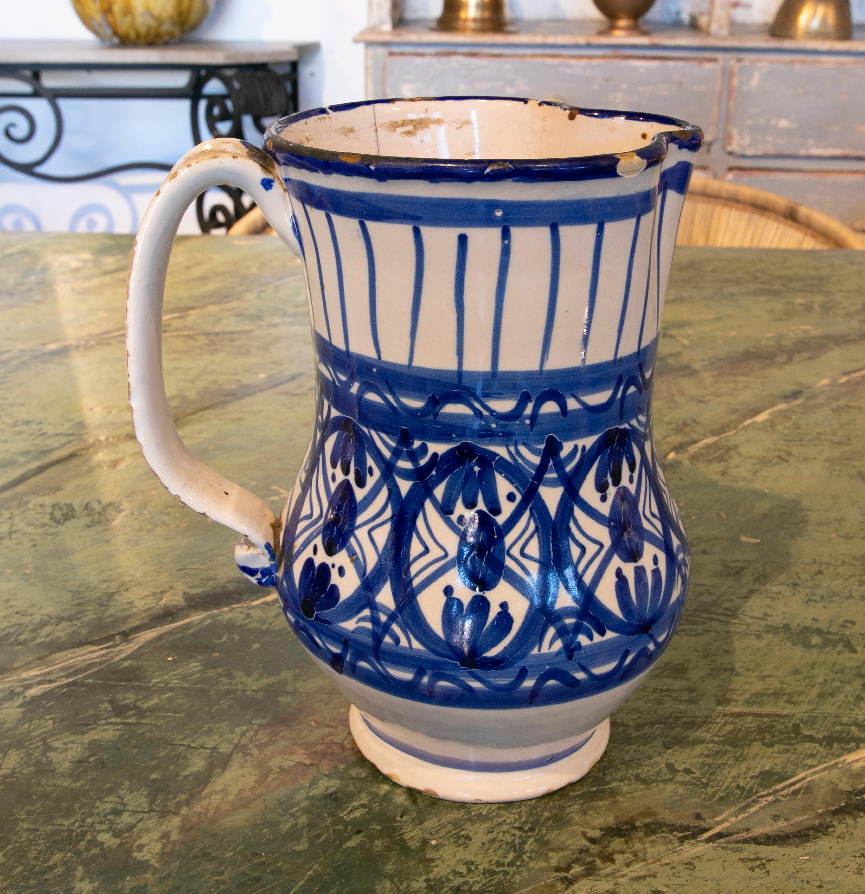 19th Century Spanish Glazed Ceramic Jug with Handle in Tones of Blue 5